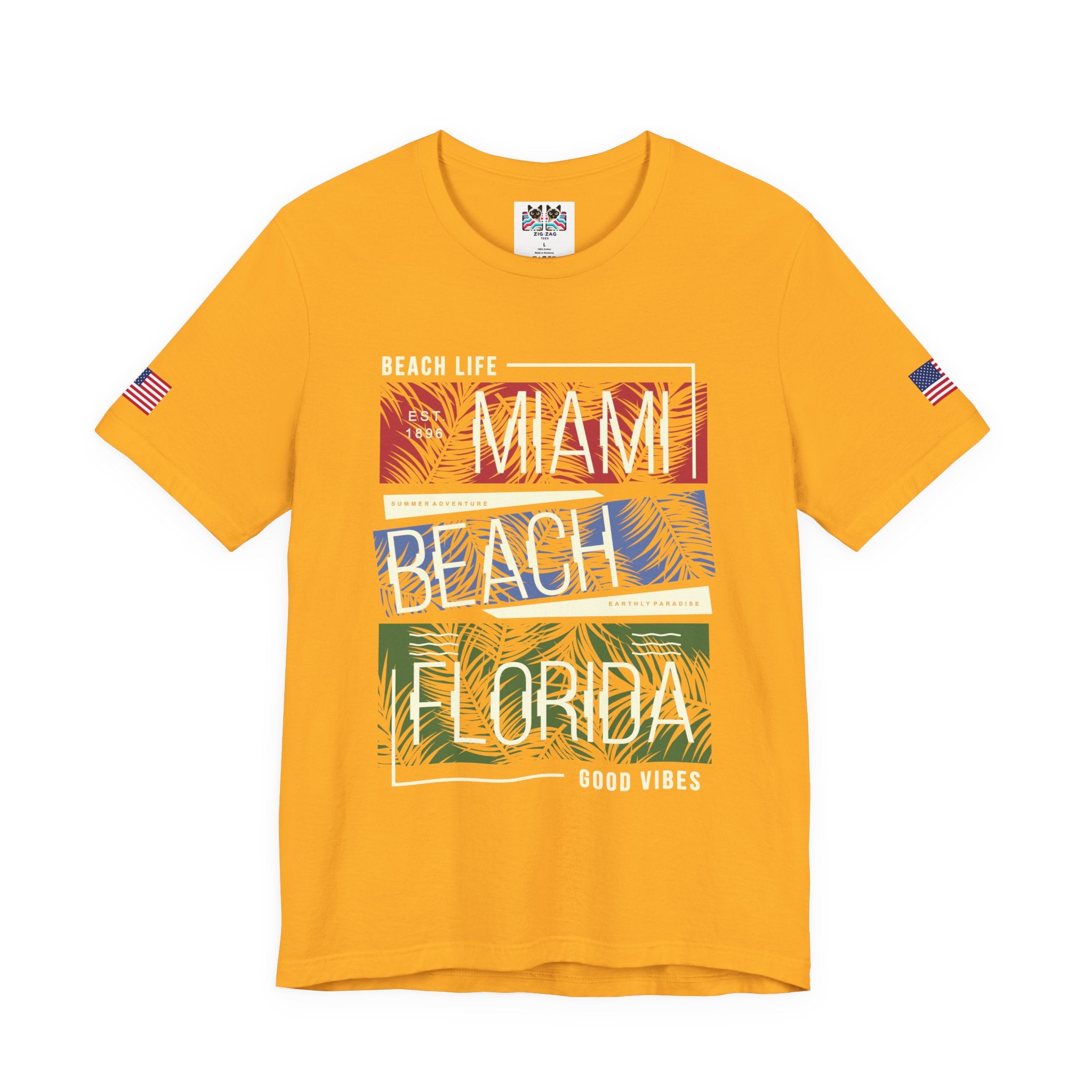 Miami Beach Florida T-Shirt – Beach Life EST 1896 Good Vibes Tropical Panel Graphic Tee