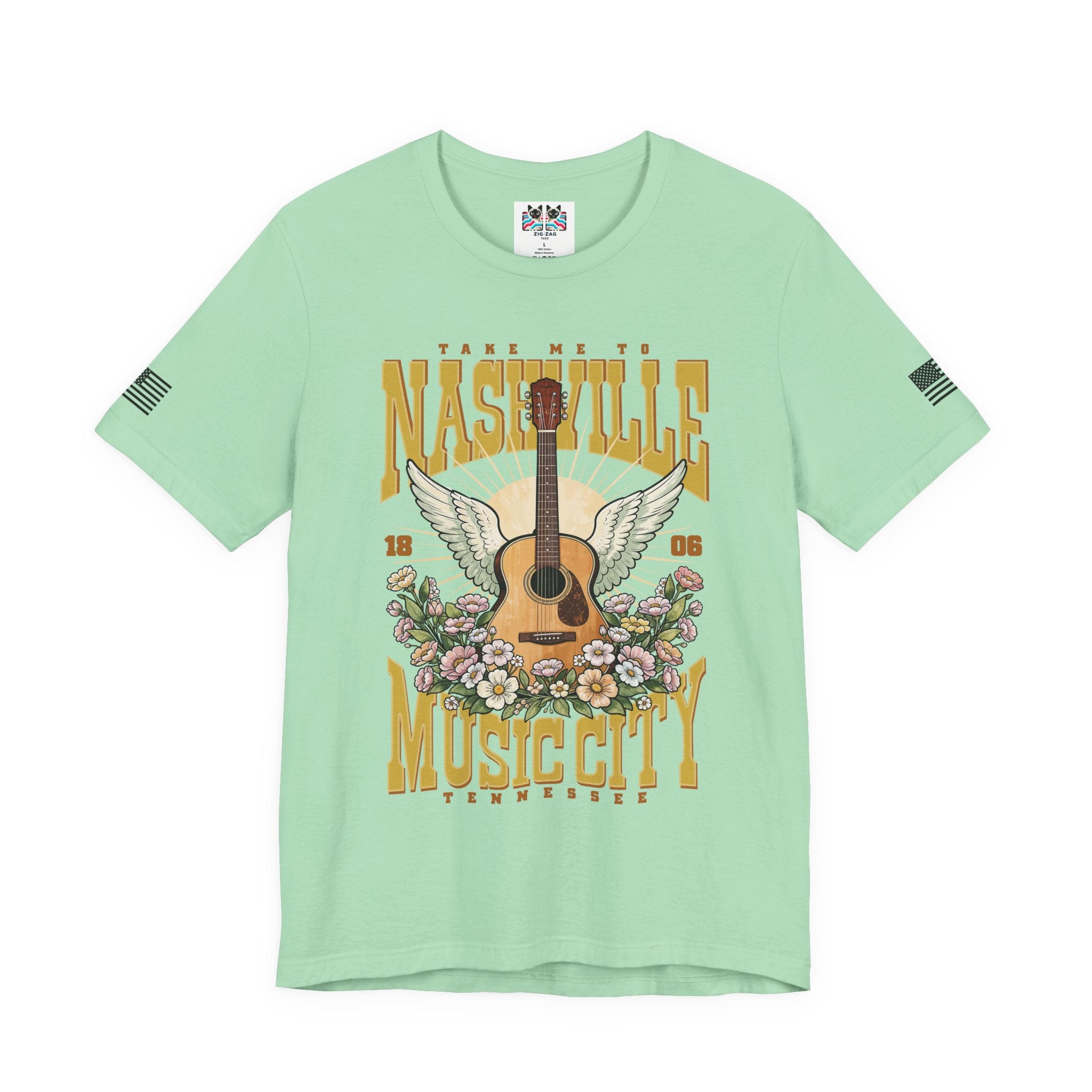 Take Me to Nashville Music City T-Shirt – Winged Acoustic Guitar Floral EST 1806 Tennessee Graphic Tee