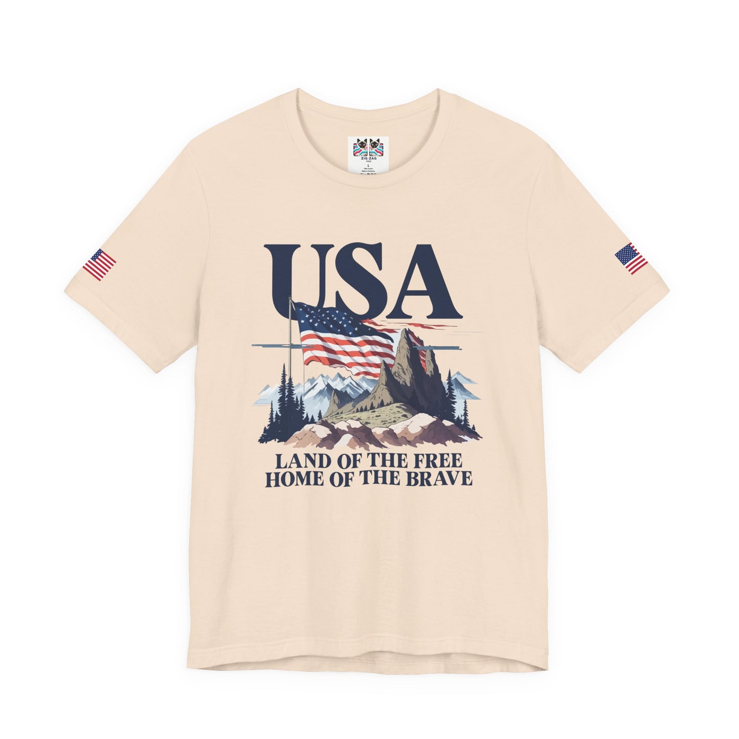 USA Land of the Free Home of the Brave T-Shirt – Mountain Flag Nature Patriotic Graphic Tee