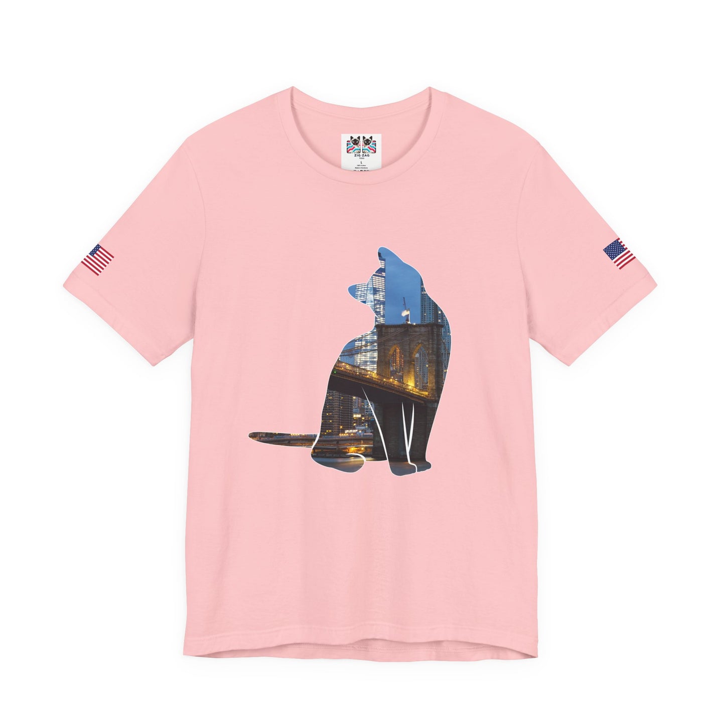 NYC Cat Silhouette T-Shirt - New York City Skyline in Cat Shape Brooklyn Bridge Design