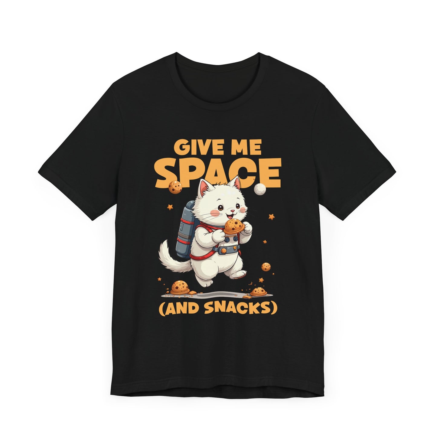 Give Me Space (and Snacks) – Jetpack Cat Walking with Snacks Funny Graphic T-Shirt