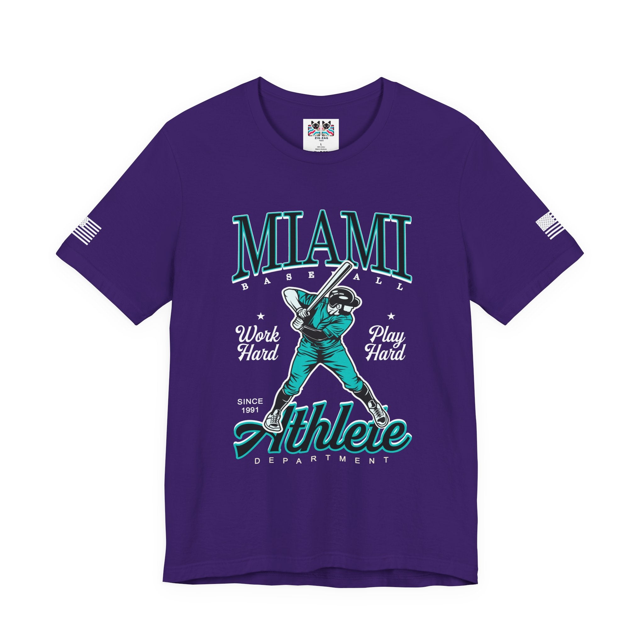 Miami Baseball Athlete Department T-Shirt – Work Hard Play Hard Since 1991 Graphic Tee