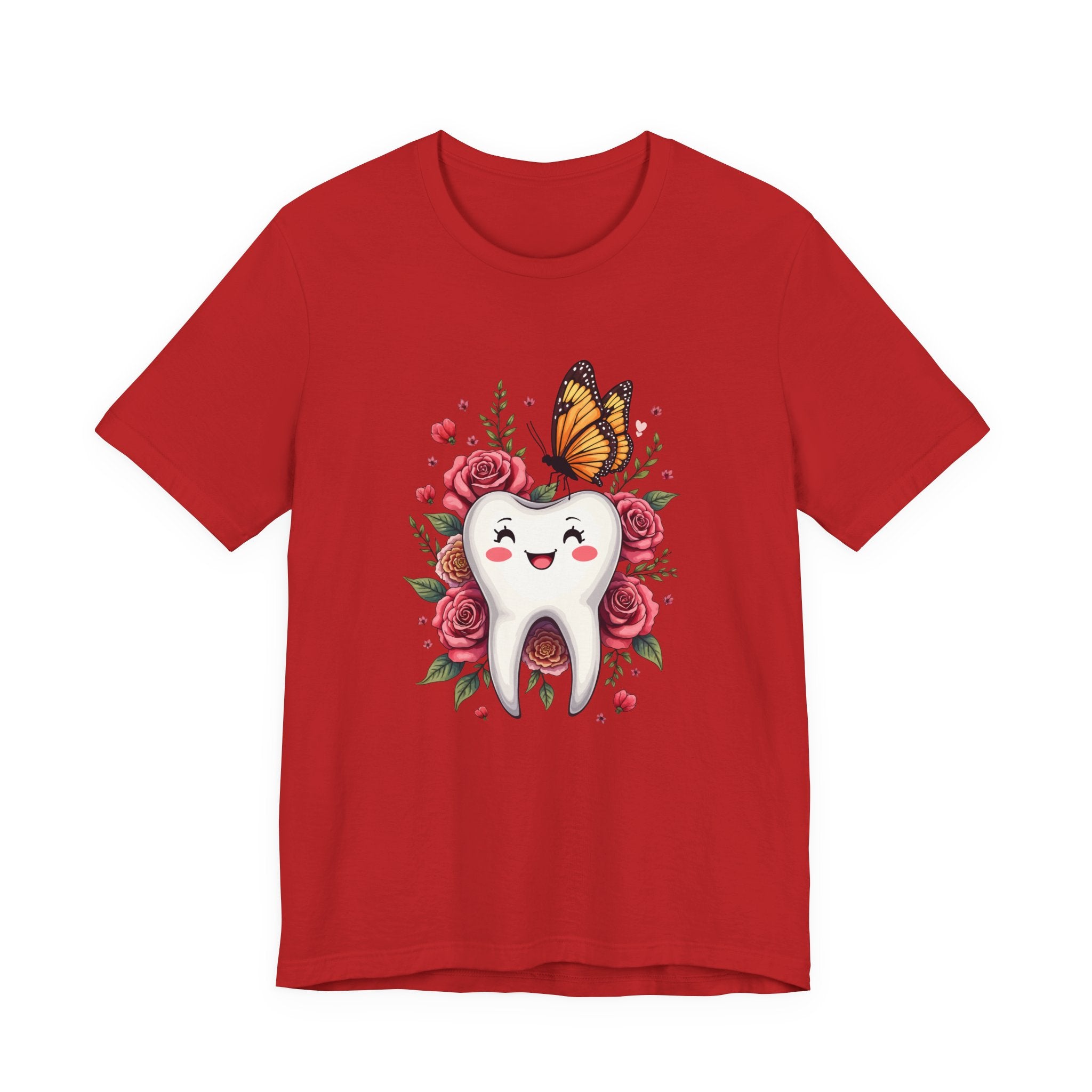 Smile T Shirt Featuring Large Smiling Tooth Surrounded by Flowers Leaves and Butterflies