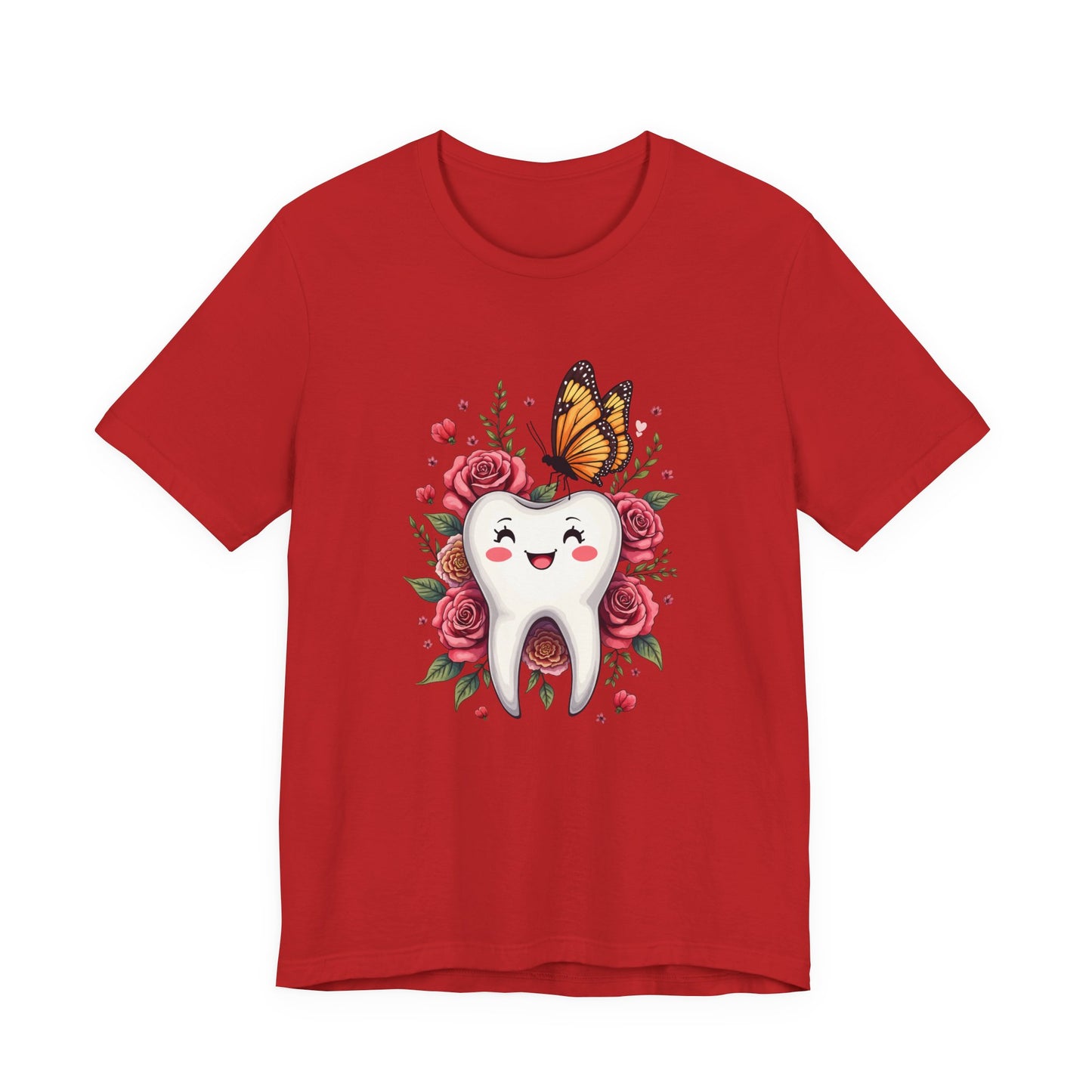 Smile T Shirt Featuring Large Smiling Tooth Surrounded by Flowers Leaves and Butterflies