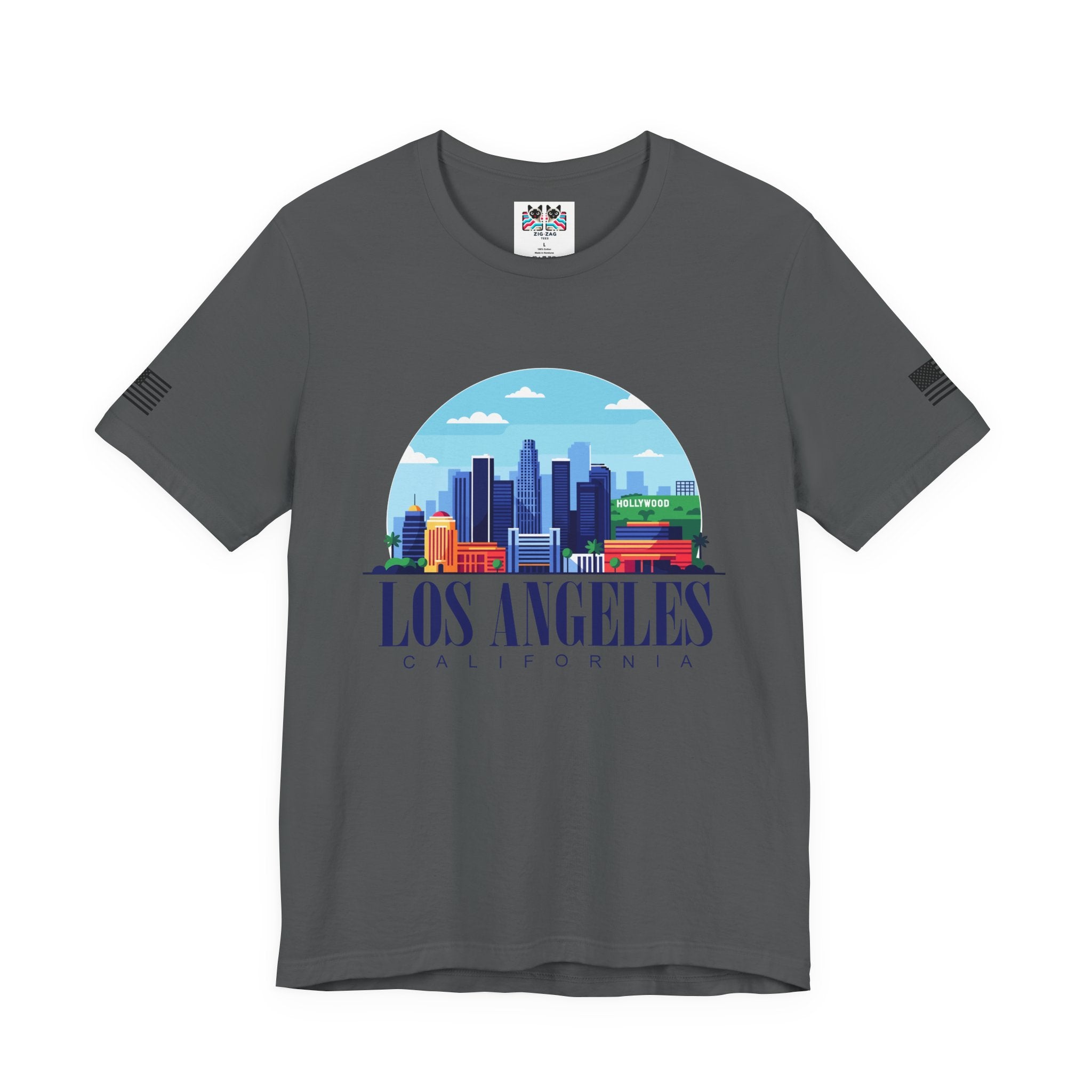Los Angeles California T-Shirt – Hollywood Sign Colorful Illustrated Skyline Circle Tee