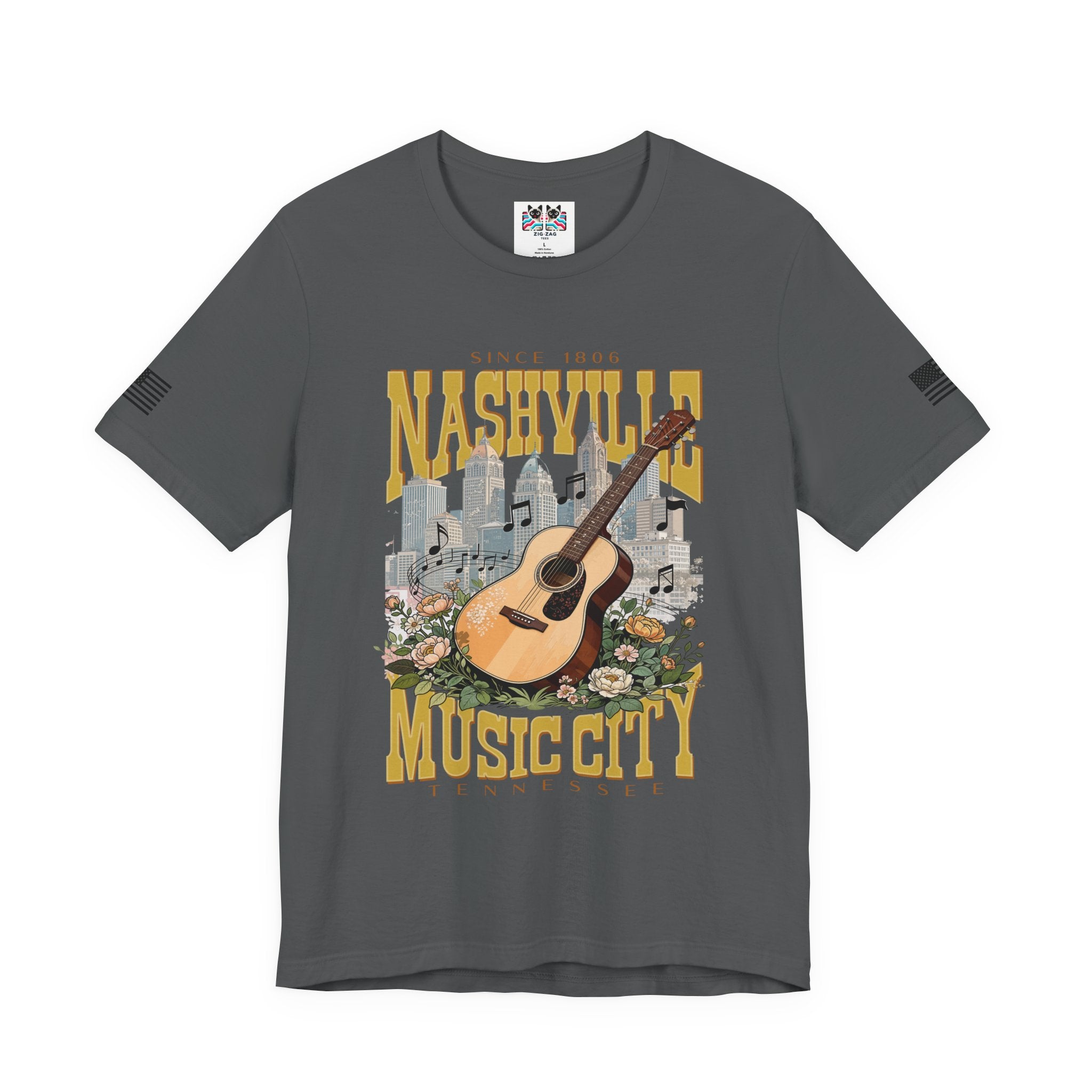 Nashville Music City Since 1806 T-Shirt – Acoustic Guitar Skyline Floral Graphic Tee Tennessee