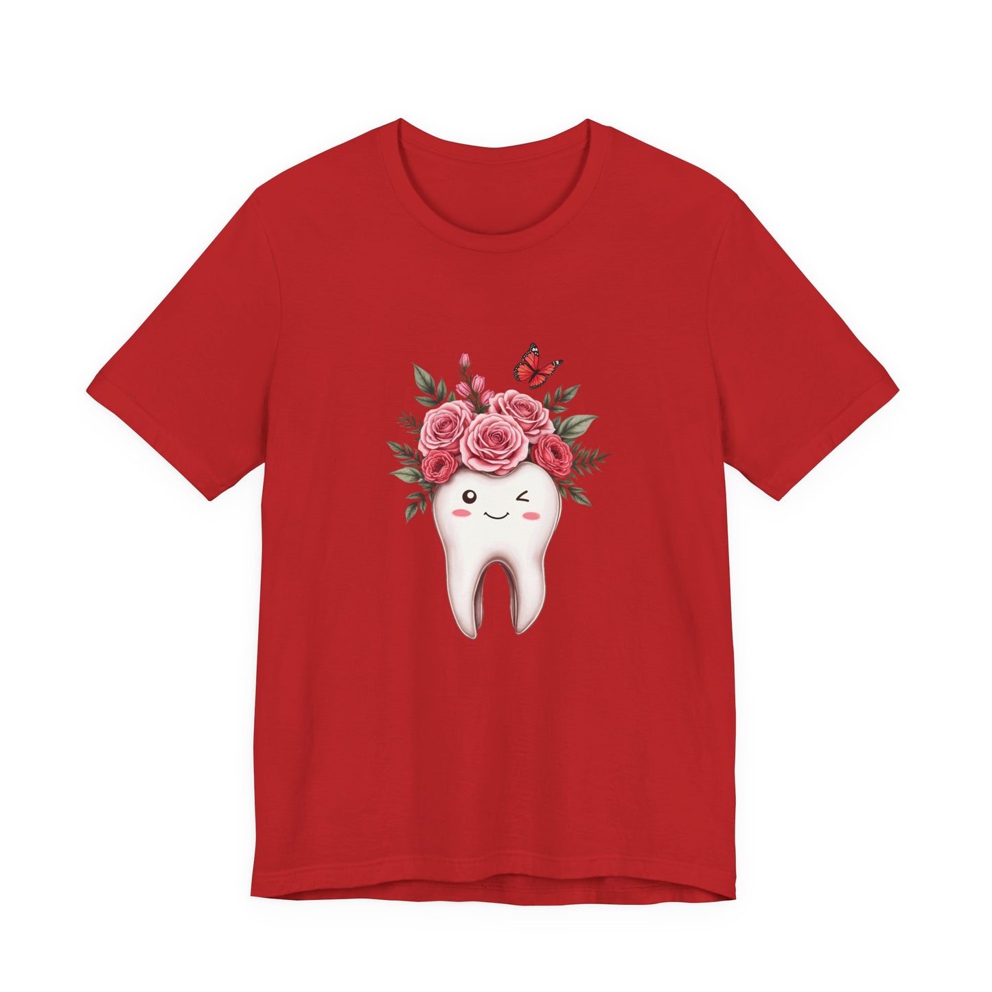 Smile T Shirt with Large Winking Tooth Surrounded by Flowers Leaves and Butterflies