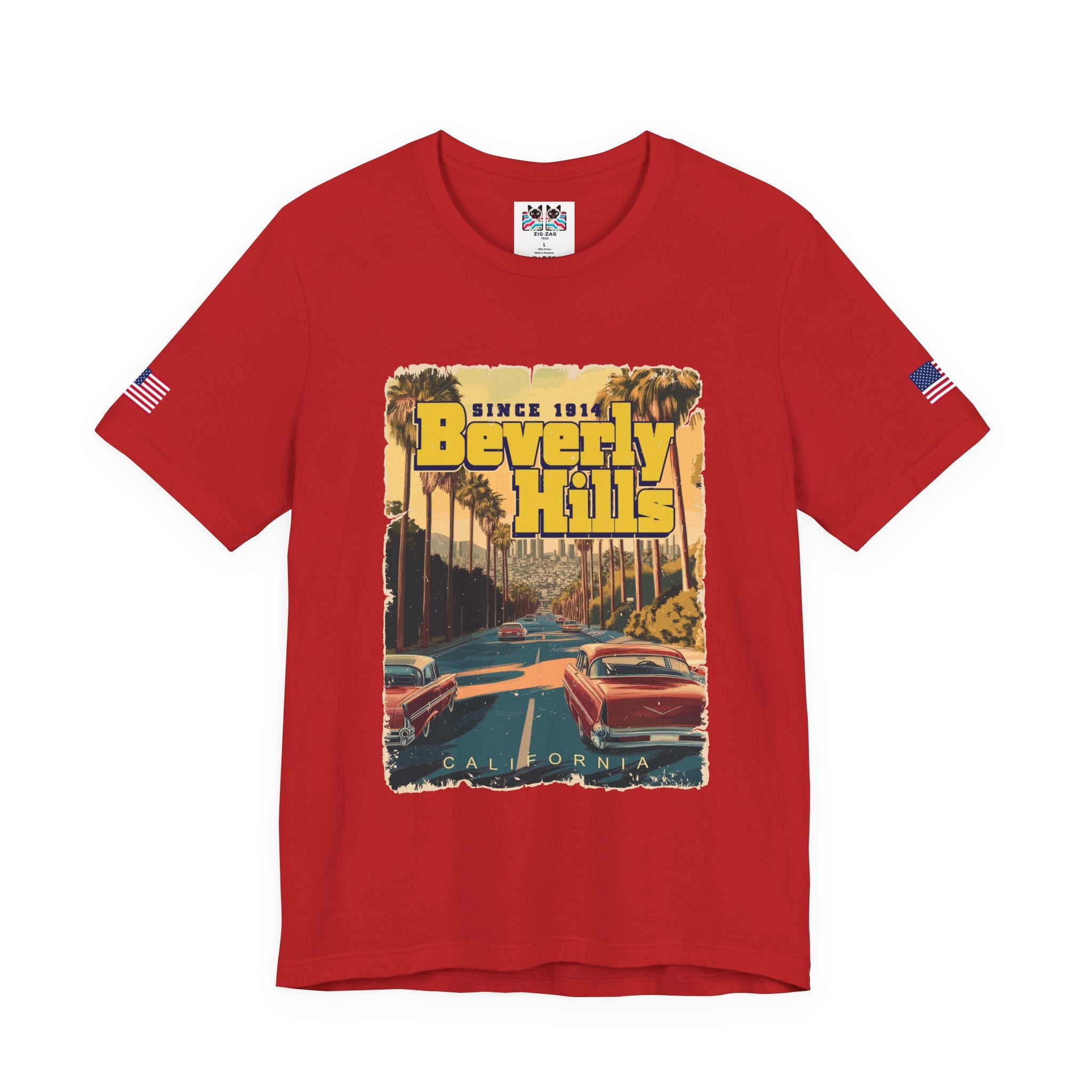Beverly Hills Since 1914 California T-Shirt – Classic Cars Palm Boulevard Retro Graphic Tee
