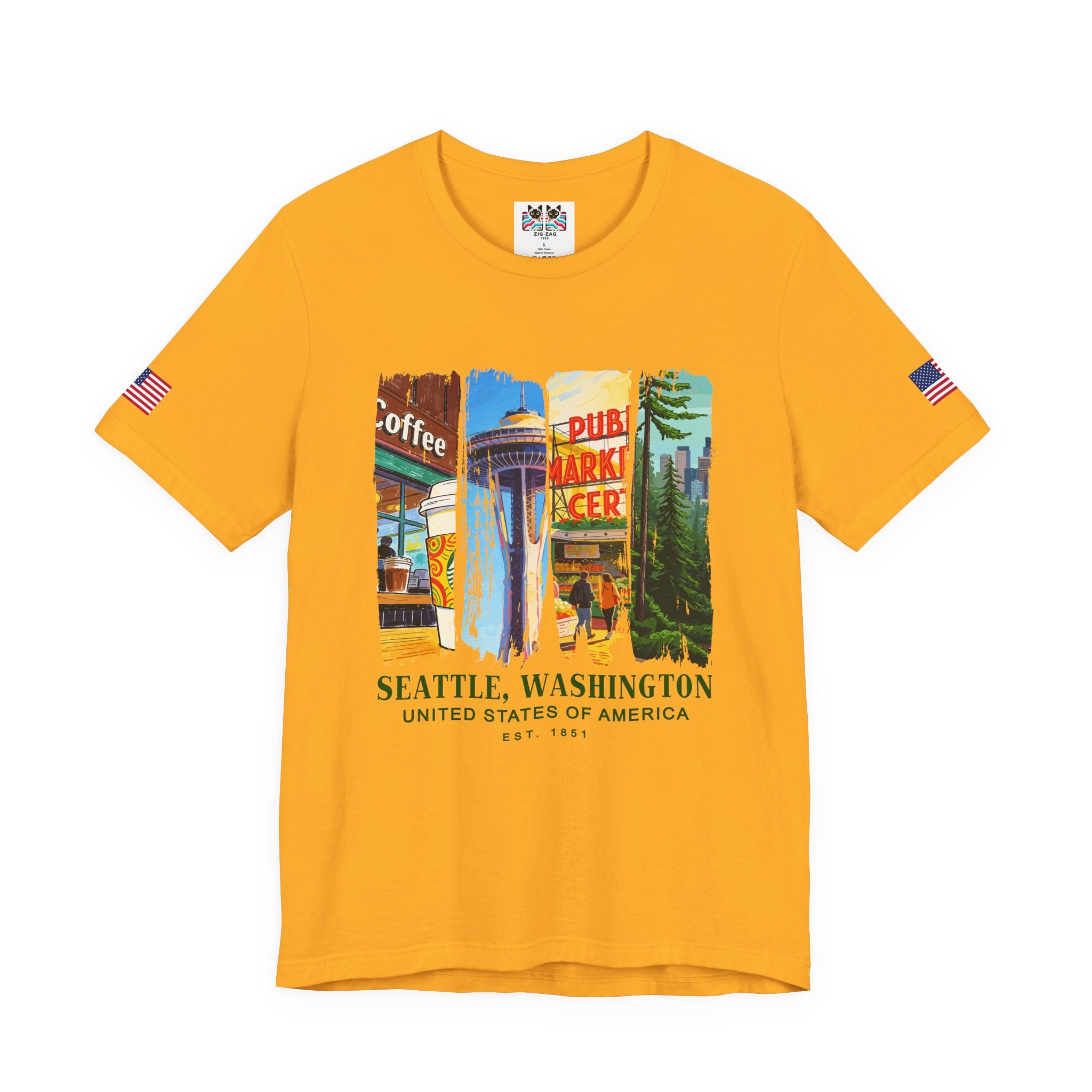 Seattle Washington Icons Collage T-Shirt | Coffee Space Needle Pike Place Market Graphic Tee | Seattle Souvenir