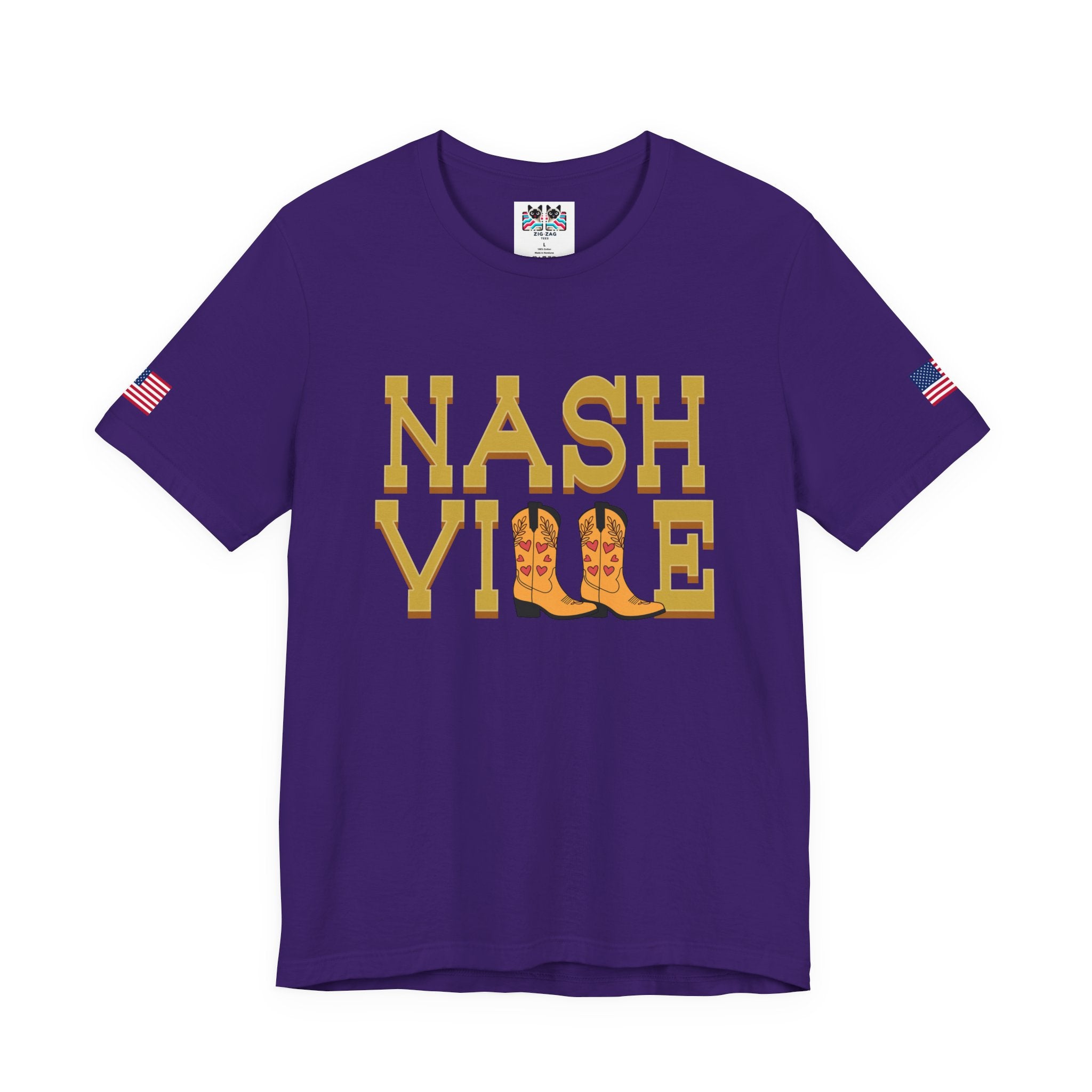 Nashville T-Shirt – Bold Gold Block Letter Cowboy Boots Graphic Tee