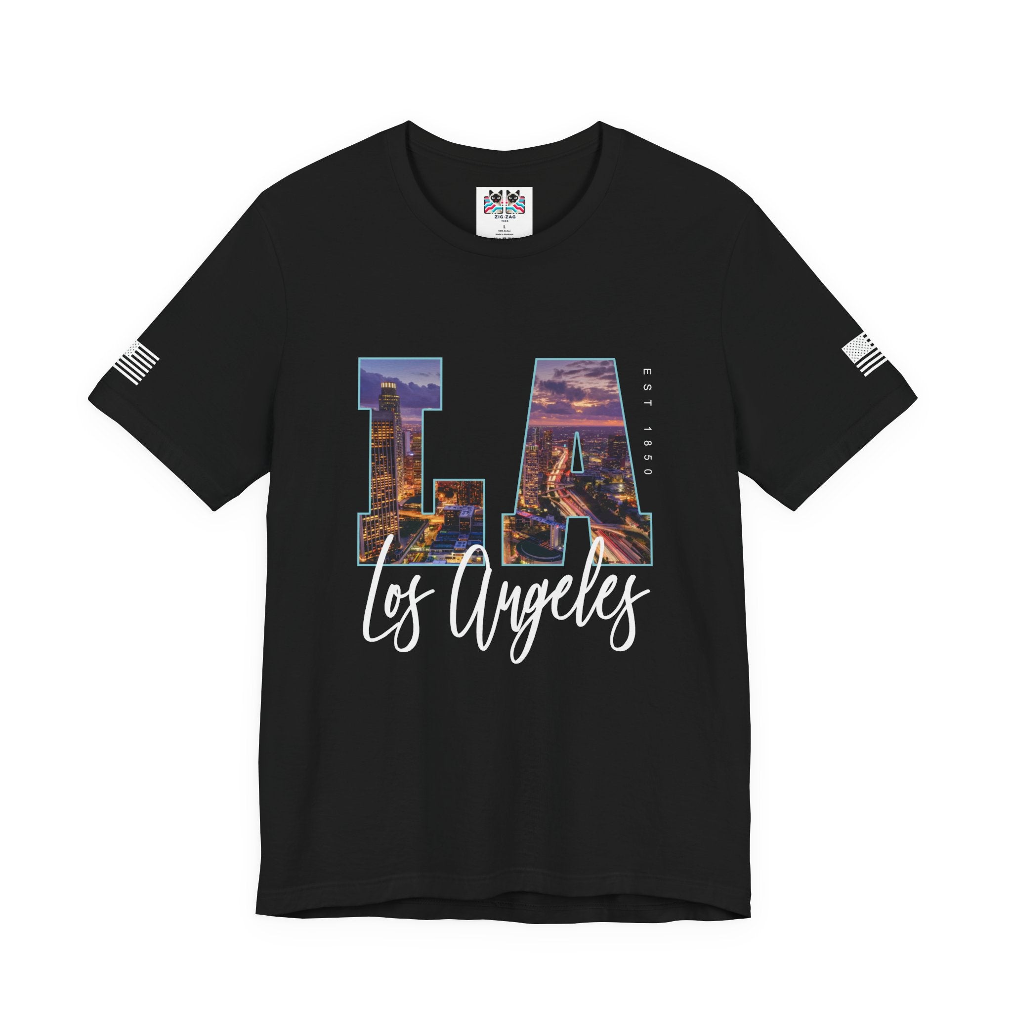 LA Los Angeles EST 1850 T-Shirt – City Night Skyline Photo Monogram Graphic Tee