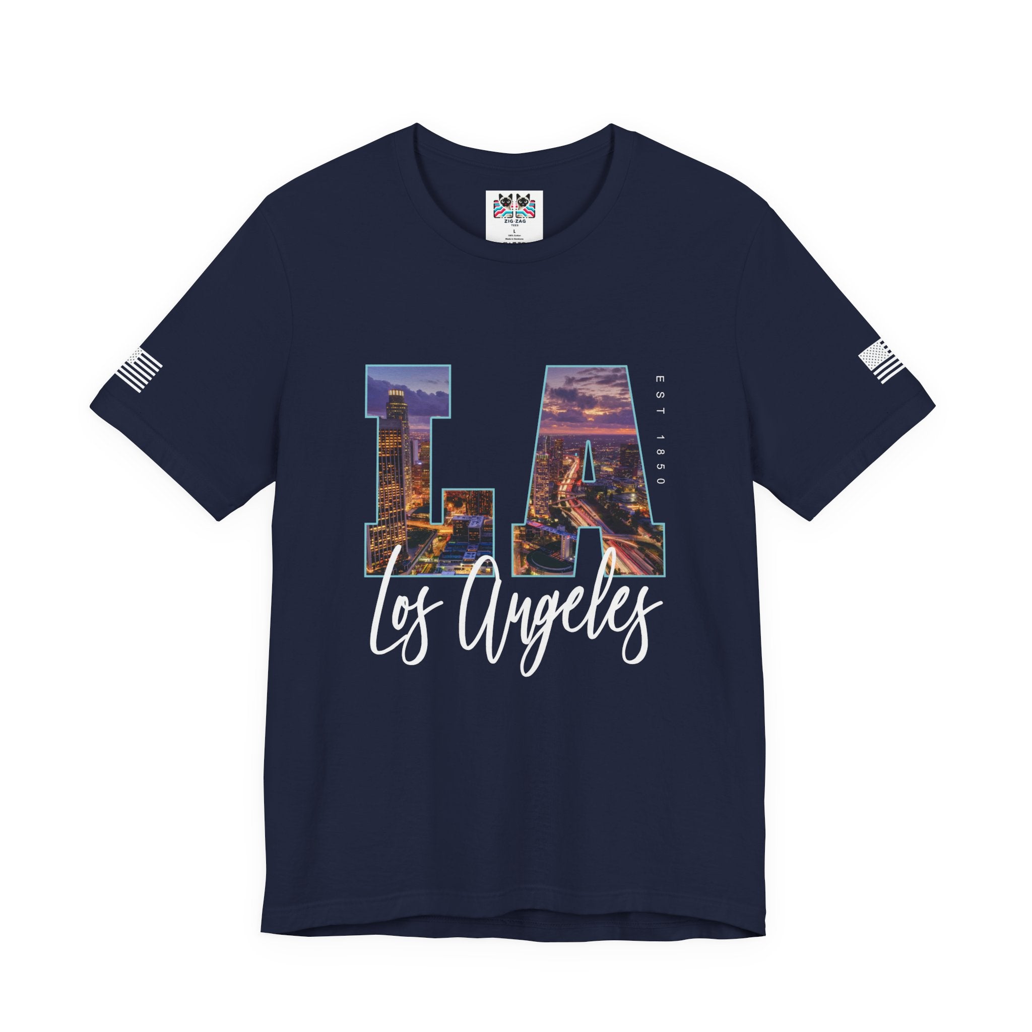 LA Los Angeles EST 1850 T-Shirt – City Night Skyline Photo Monogram Graphic Tee