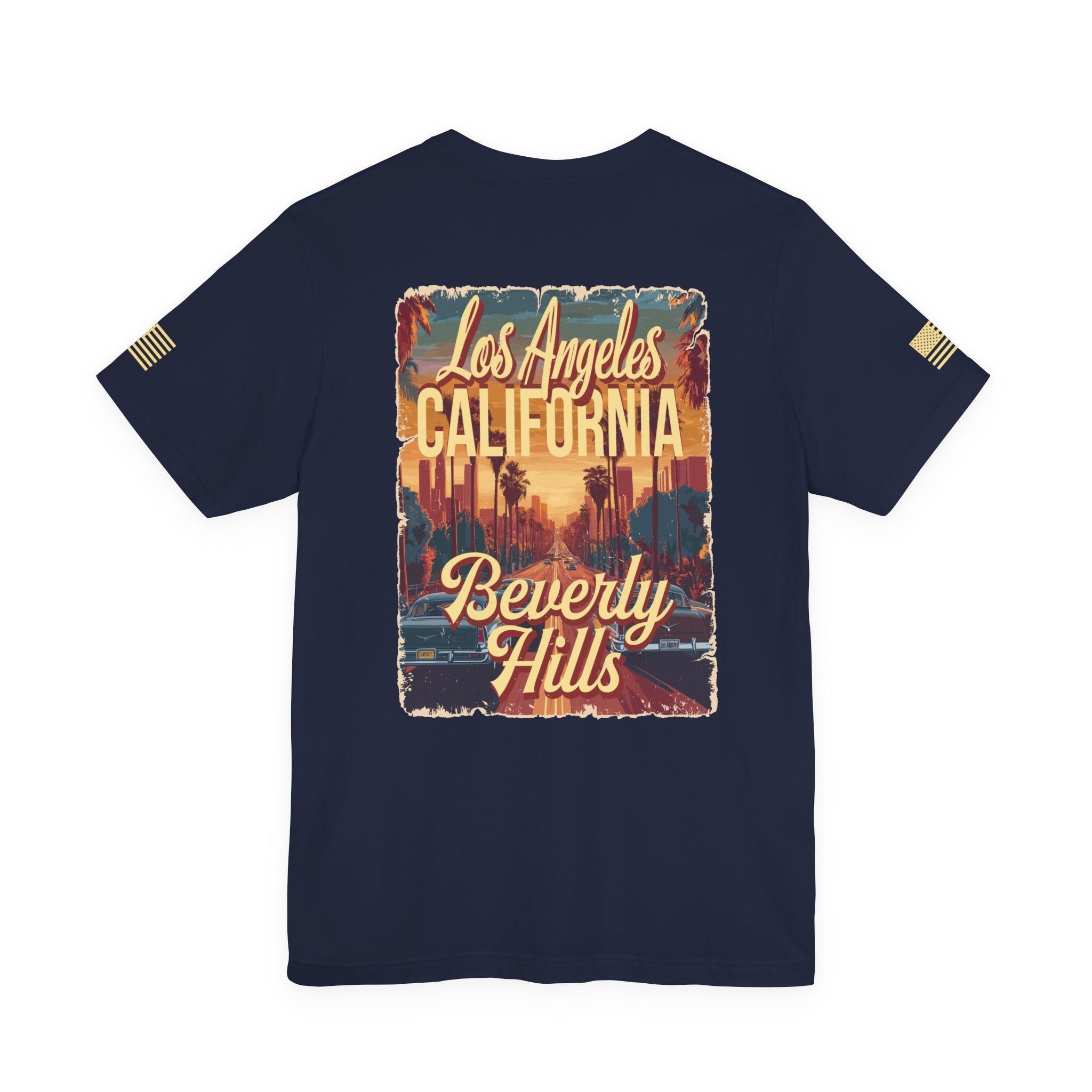 Beverly Hills Los Angeles California Front & Back T-Shirt – Vintage Classic Car Street Scene Tee
