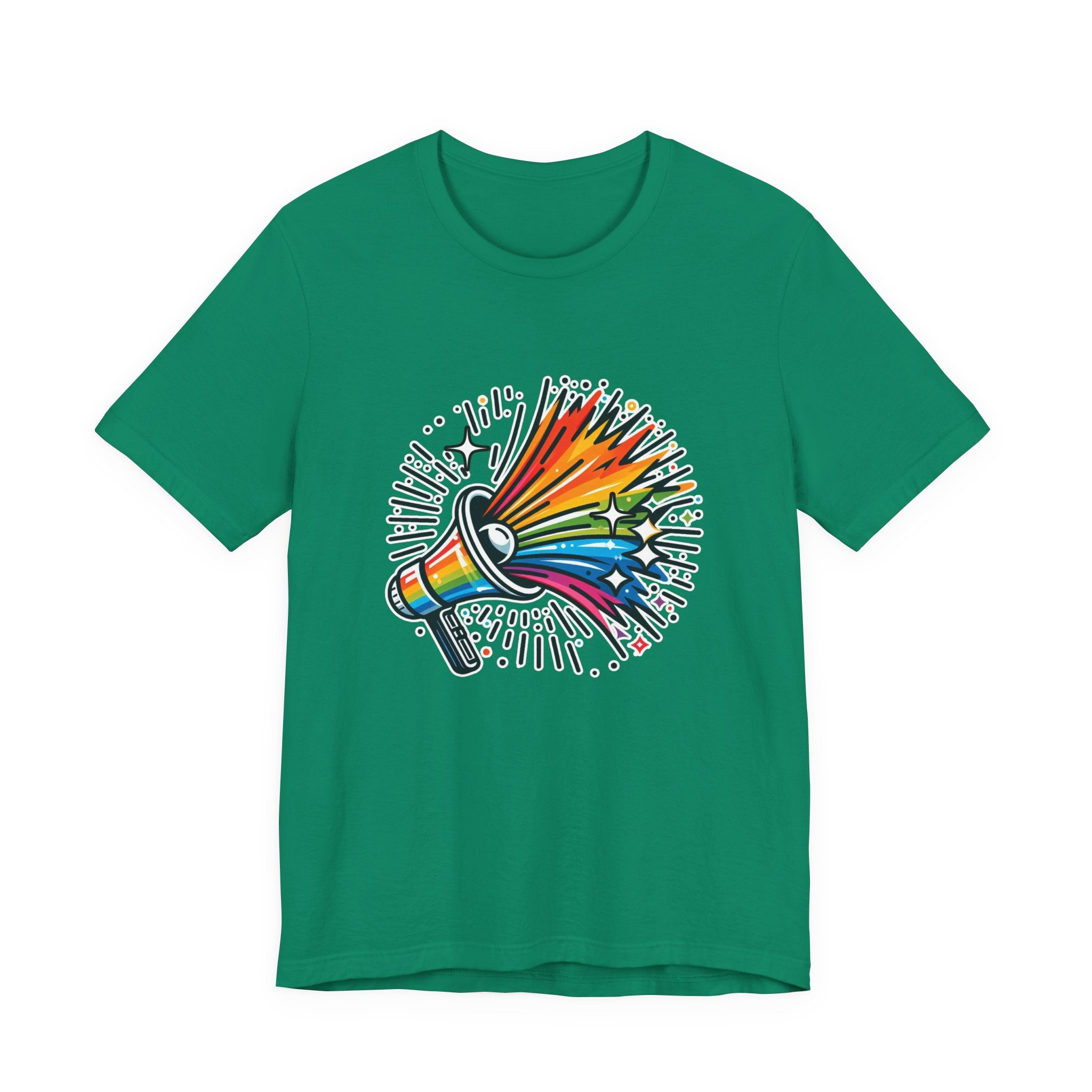 Proud & Loud – Colorful Handheld Speaker with Exploding Stars Graphic T-Shirt