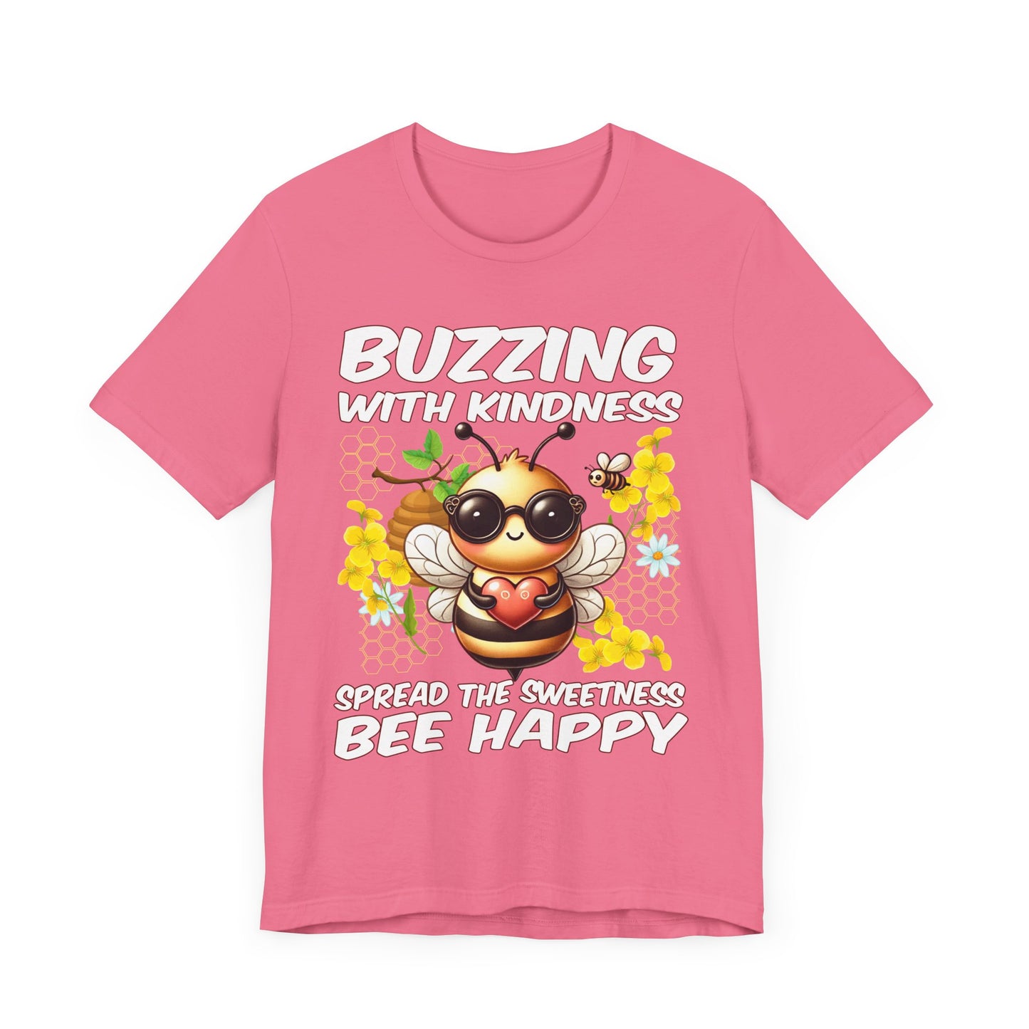 Buzzing with Kindness, Spread the Sweetness, Be Happy | Large Bee & Flowers Graphic T-Shirt