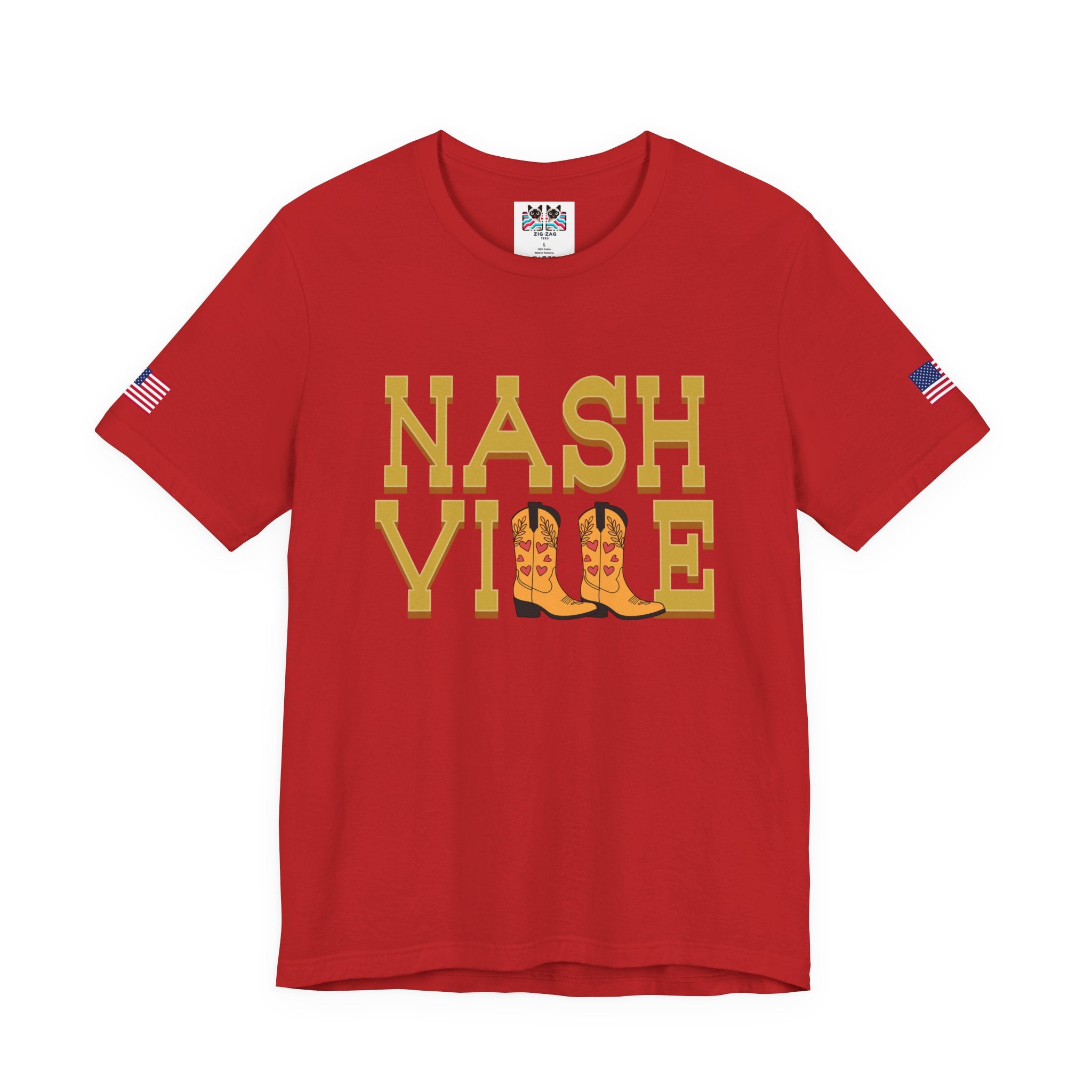 Nashville T-Shirt – Bold Gold Block Letter Cowboy Boots Graphic Tee