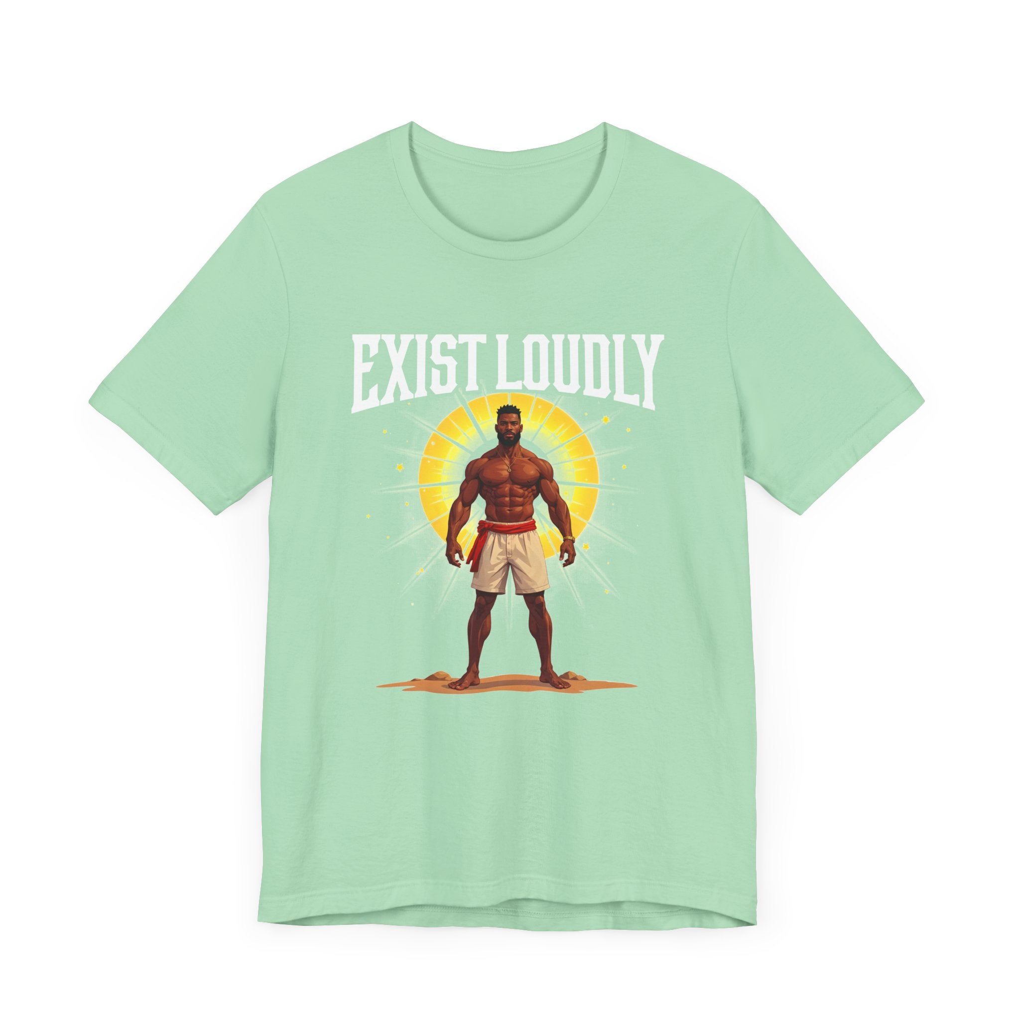 Exist Loudly – Strong Muscular Man with Red Belt & Glowing Light Graphic T-Shirt