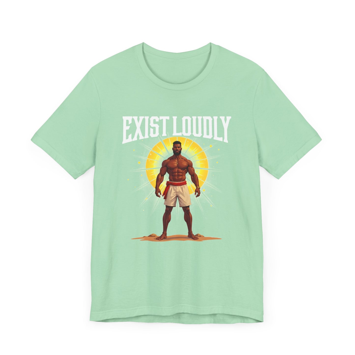 Exist Loudly – Strong Muscular Man with Red Belt & Glowing Light Graphic T-Shirt