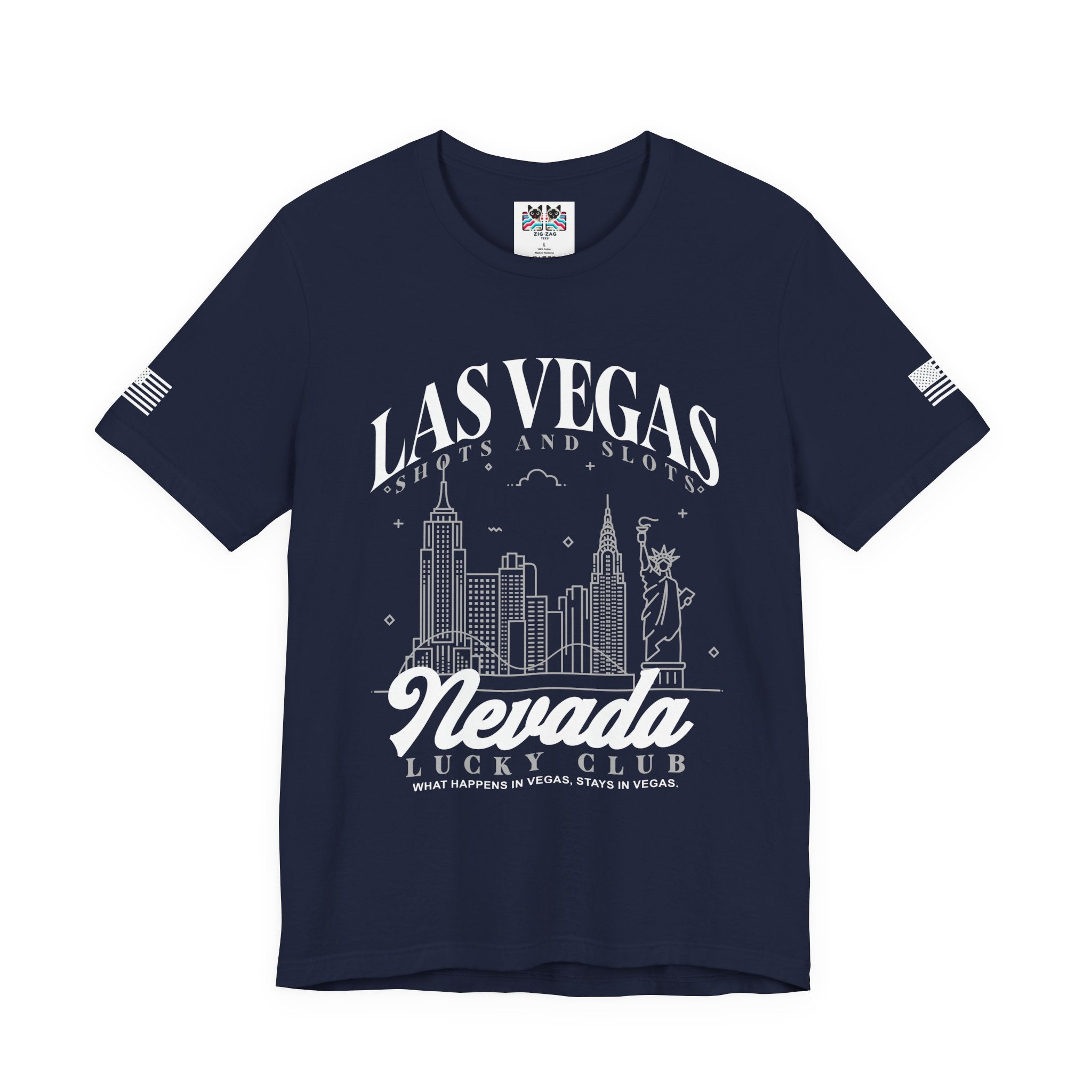 Las Vegas Shots and Slots Nevada Lucky Club Men's T-Shirt – Vegas Skyline Black Tee