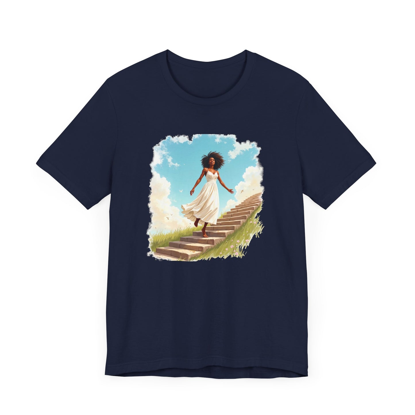 Graceful Woman in White Dress Walking on Stairs – Blue Sky & Green Ground Graphic T-Shirt