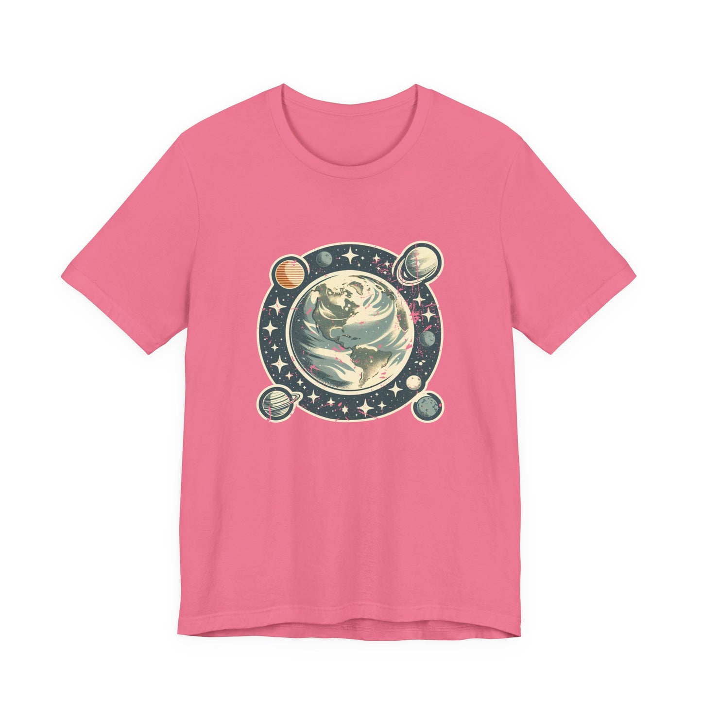 Earth Was Cool Tshirt – Gray Earth with Circular Planets and Stars Design
