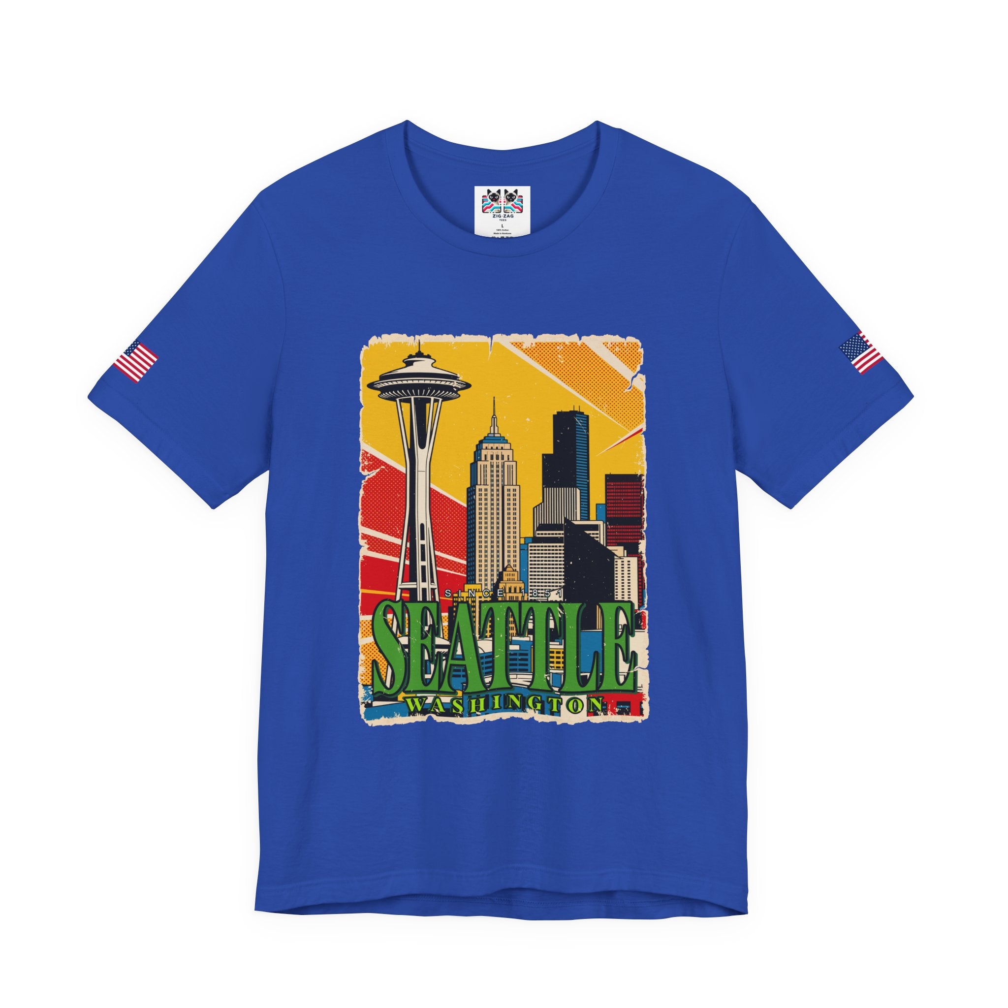 Seattle Washington Retro Pop Art Skyline T-Shirt | Space Needle Comic Style Graphic Tee | Seattle Souvenir Shirt