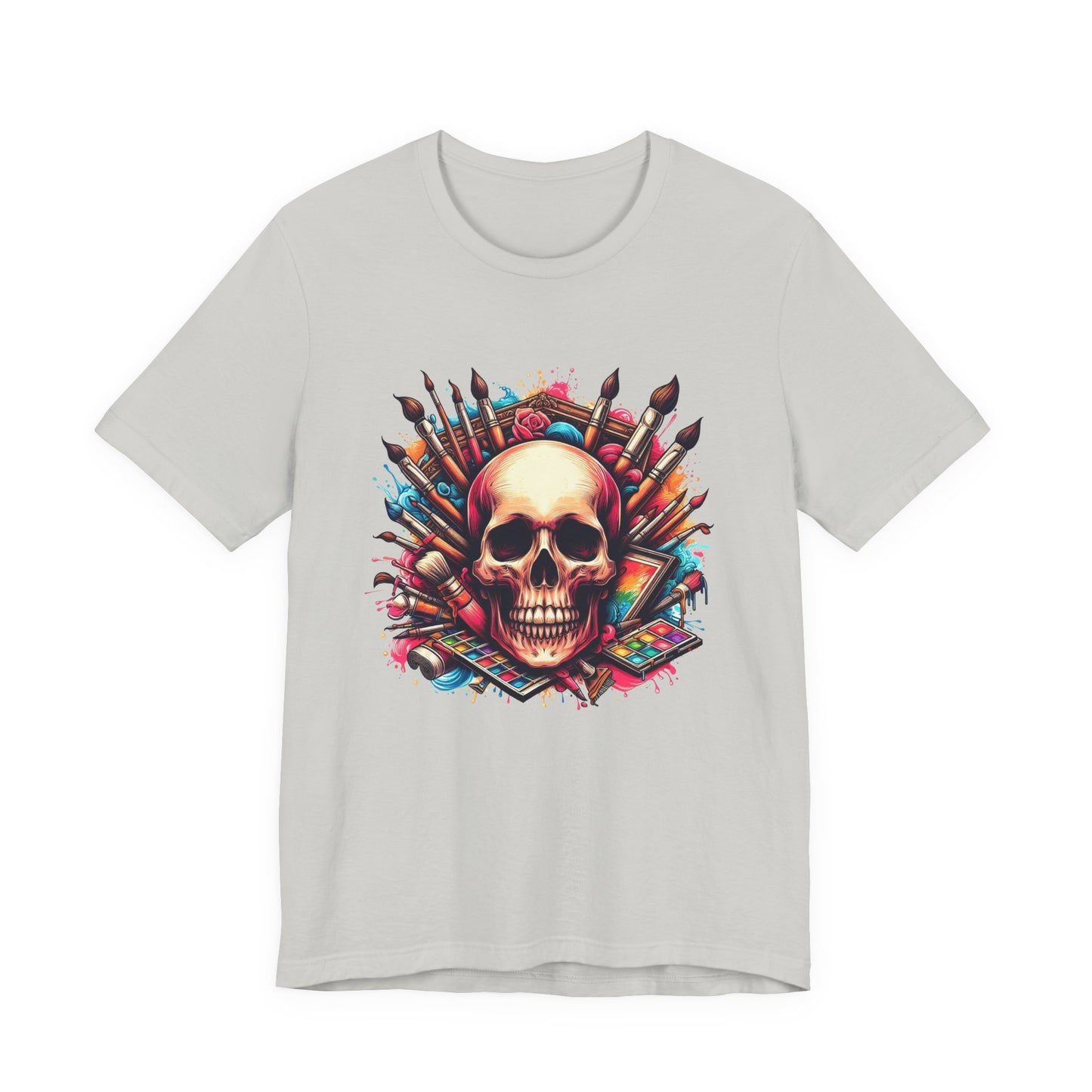 Art Is Not Dead Tshirt – Skull with Stacked Art Supplies Circular Graphic