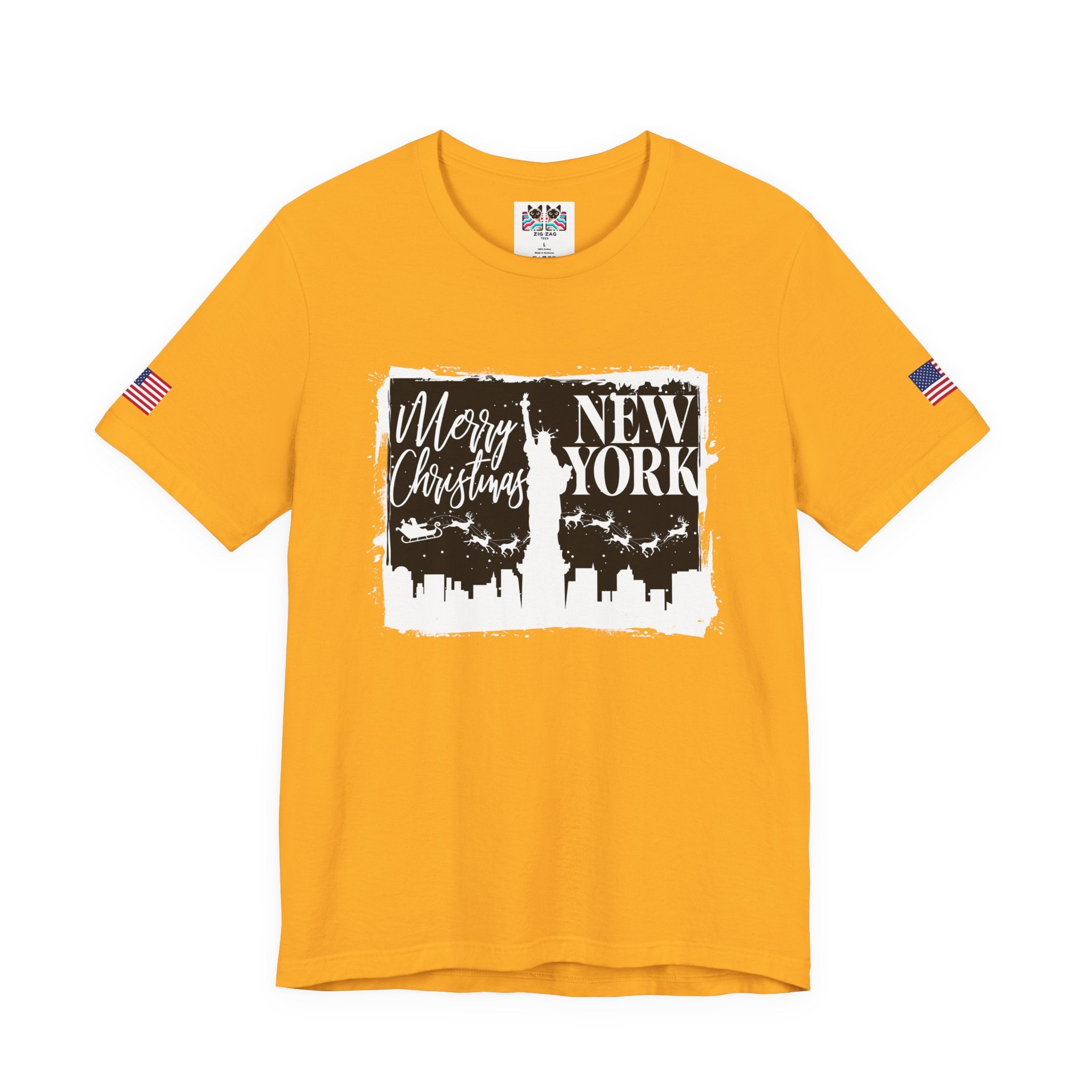 Merry Christmas New York T-Shirt - NYC Holiday Skyline with Santa & Statue of Liberty