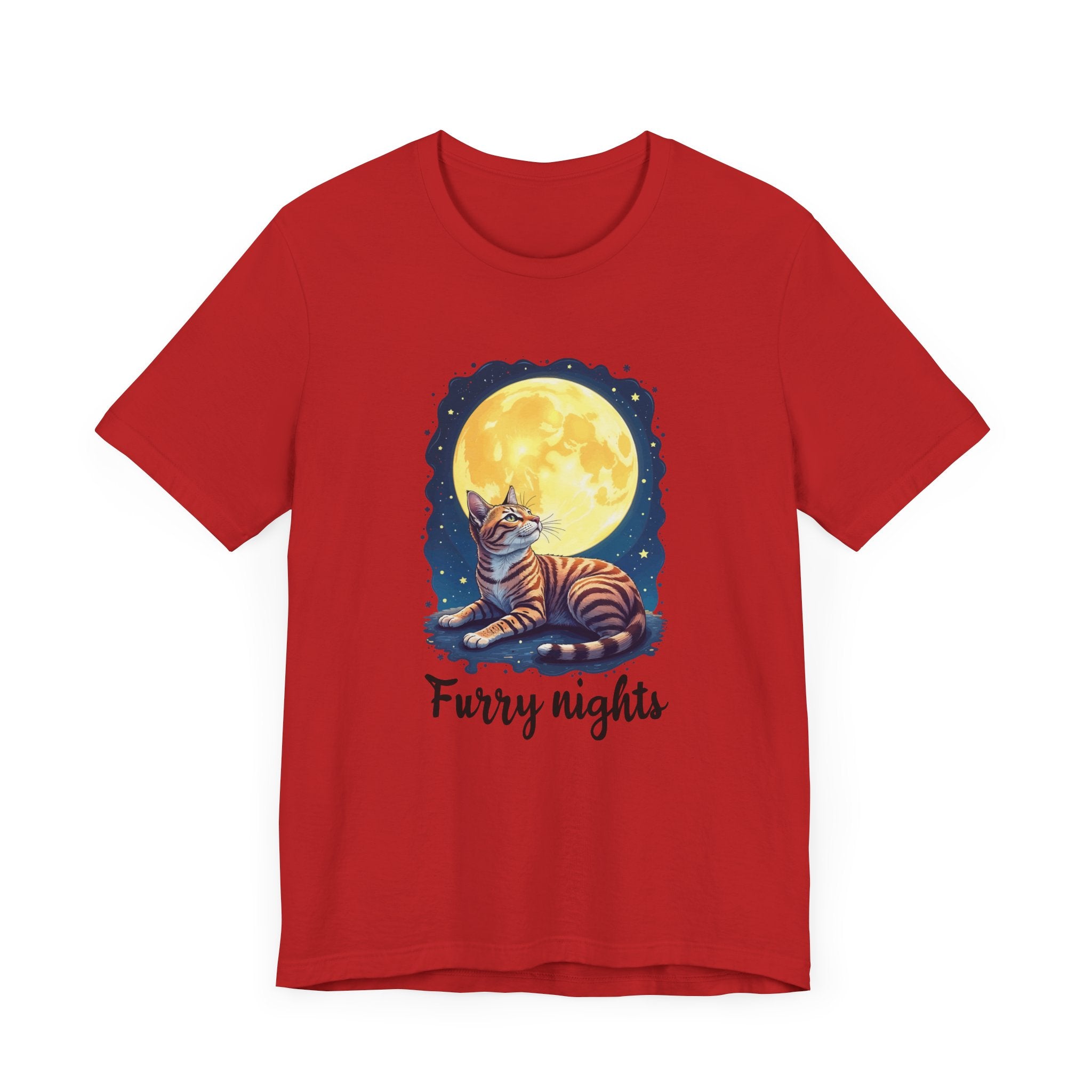 Moon Bath  - Furry Nights – Cat Watching Full Moon and Starry Sky Graphic T-Shirt