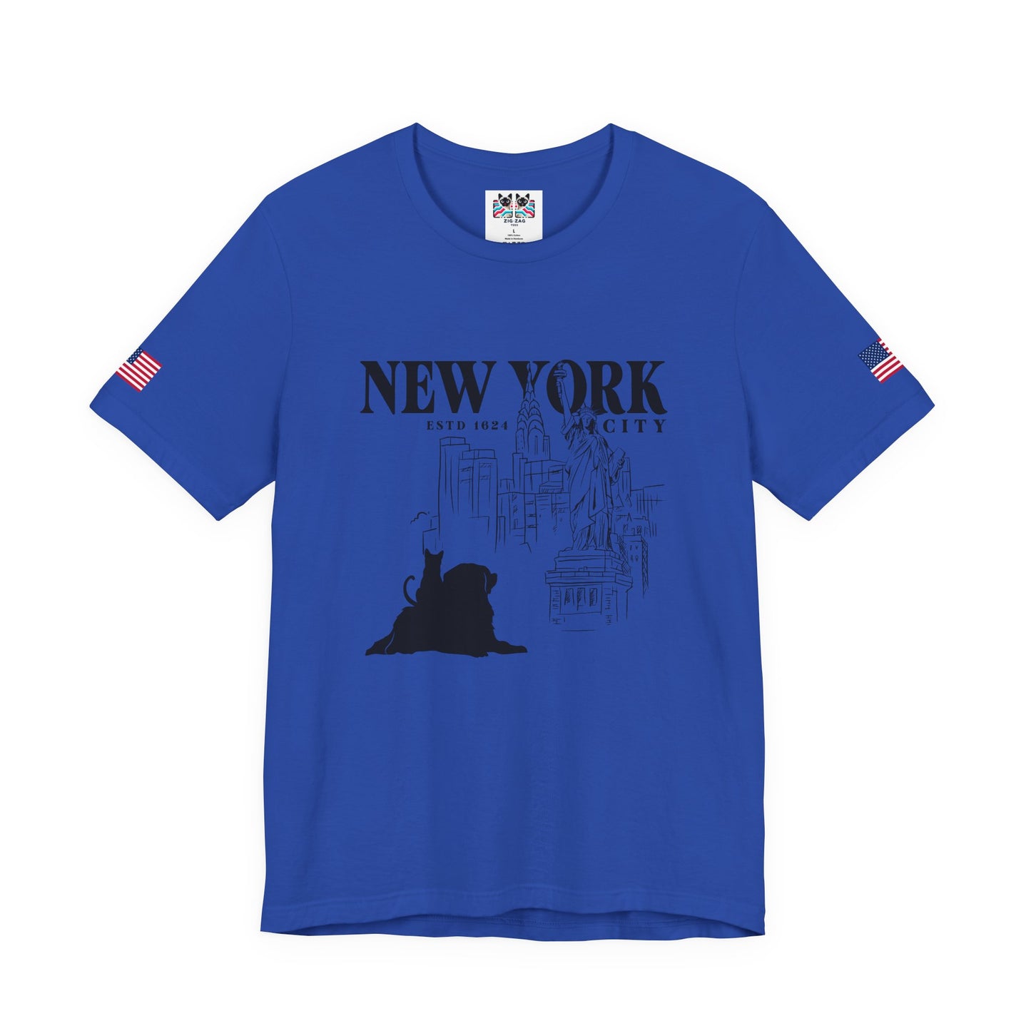 New York City Cat Dog T-Shirt - NYC Est. 1624 Sketch Art with Brooklyn Bridge & Liberty