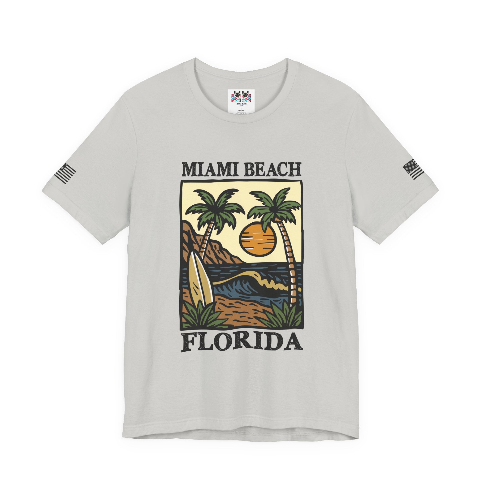 Miami Beach Florida T-Shirt – Illustrated Surfboard Palm Tree Sunset Beach Scene Tee