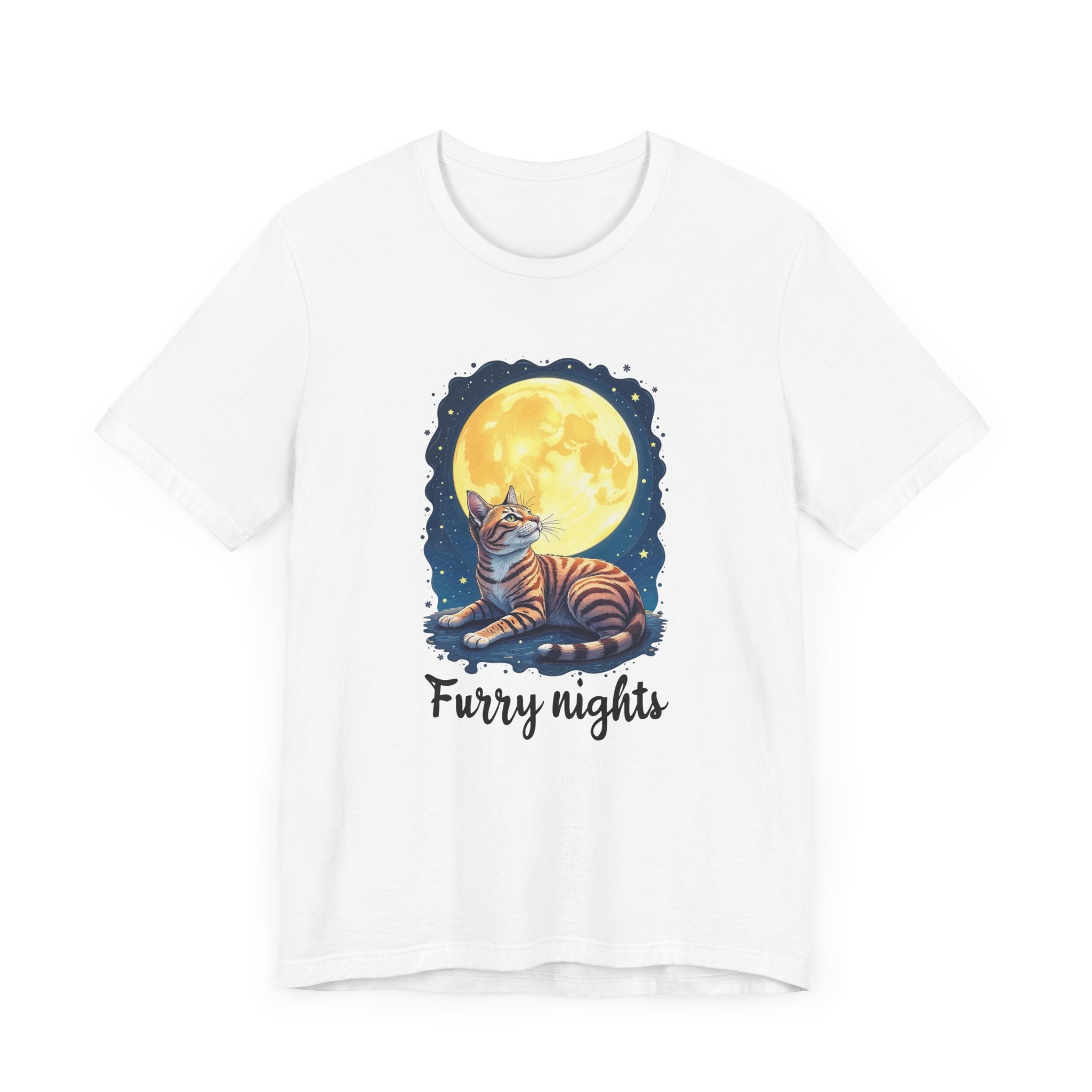 Moon Bath  - Furry Nights – Cat Watching Full Moon and Starry Sky Graphic T-Shirt