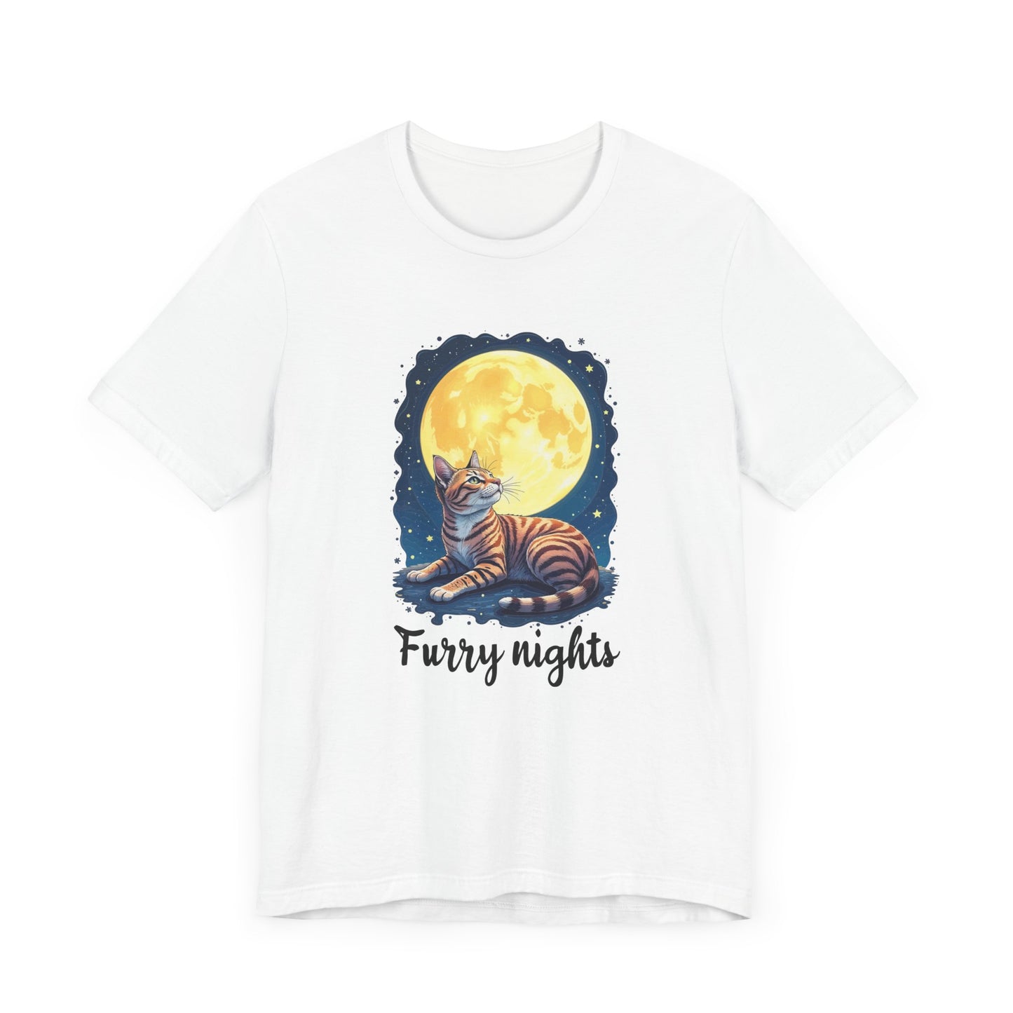 Moon Bath  - Furry Nights – Cat Watching Full Moon and Starry Sky Graphic T-Shirt