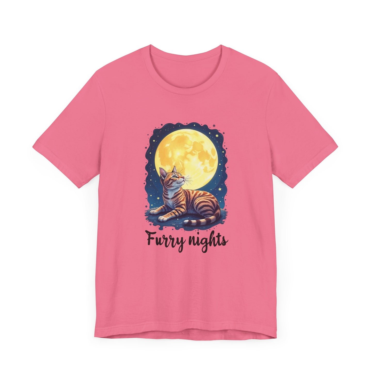 Moon Bath  - Furry Nights – Cat Watching Full Moon and Starry Sky Graphic T-Shirt