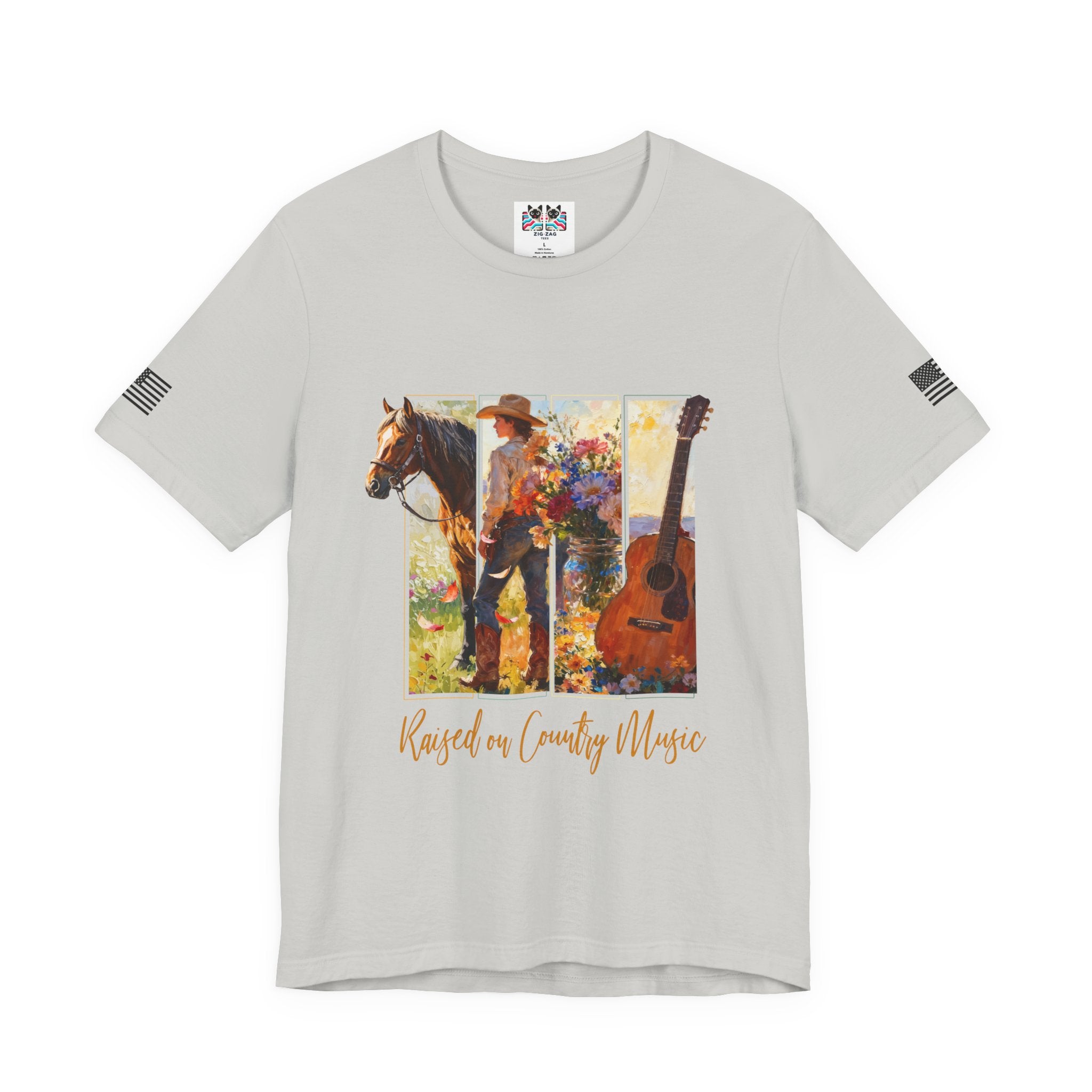 Raised on Country Music T-Shirt – Triptych Horse Cowboy Guitar Floral Illustrated Graphic Tee
