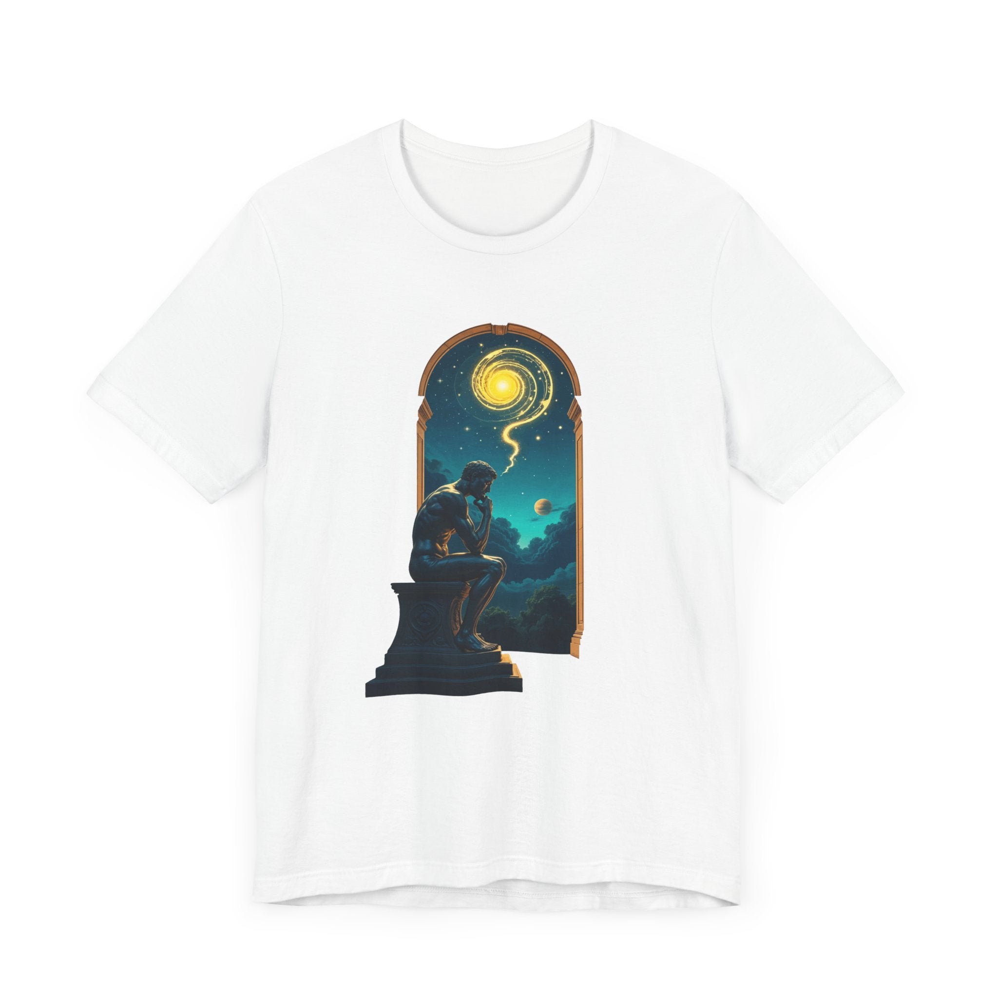 Muscular Statue Deep in Thought on Stage with Scenic Window View Graphic T-Shirt
