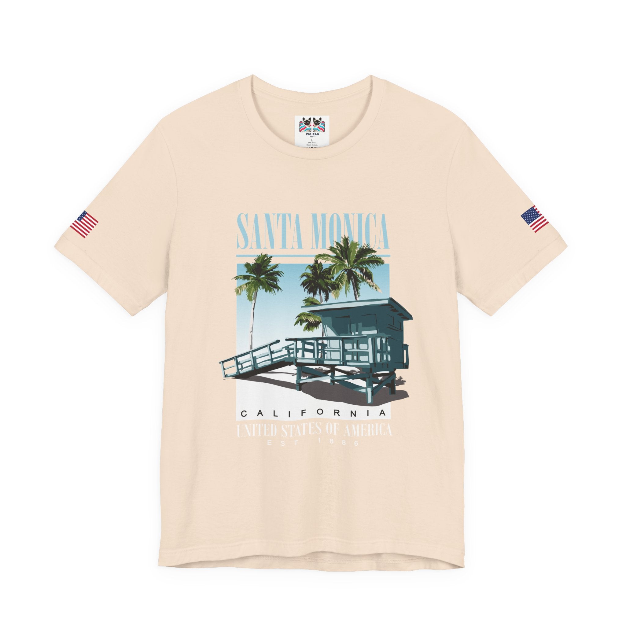 Santa Monica California EST 1886 T-Shirt – Lifeguard Tower Palm Tree Beach Tee