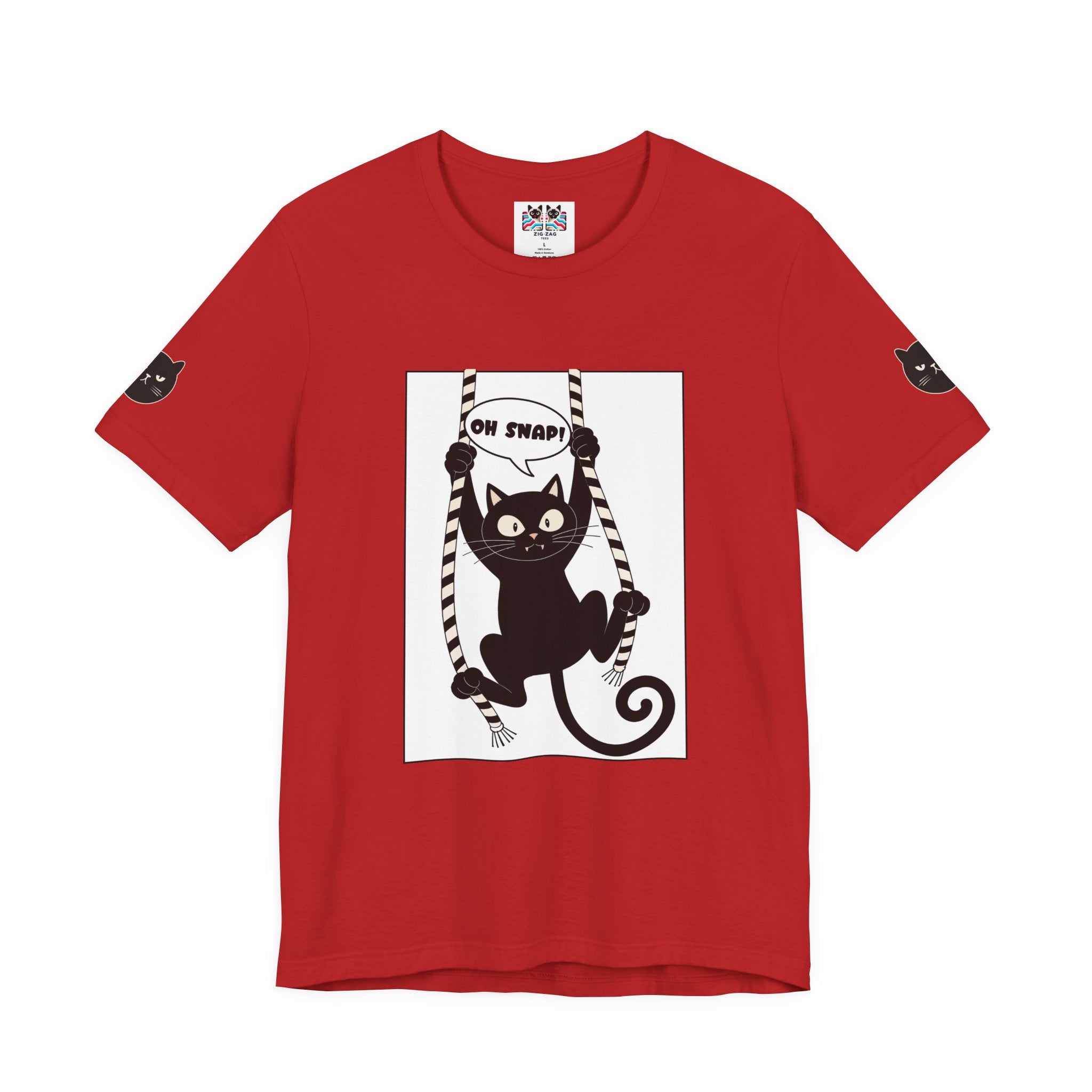Oh Snap Funny Cat T-Shirt – Cat Hanging from Blinds Mischievous Kitten Humor Graphic Tee
