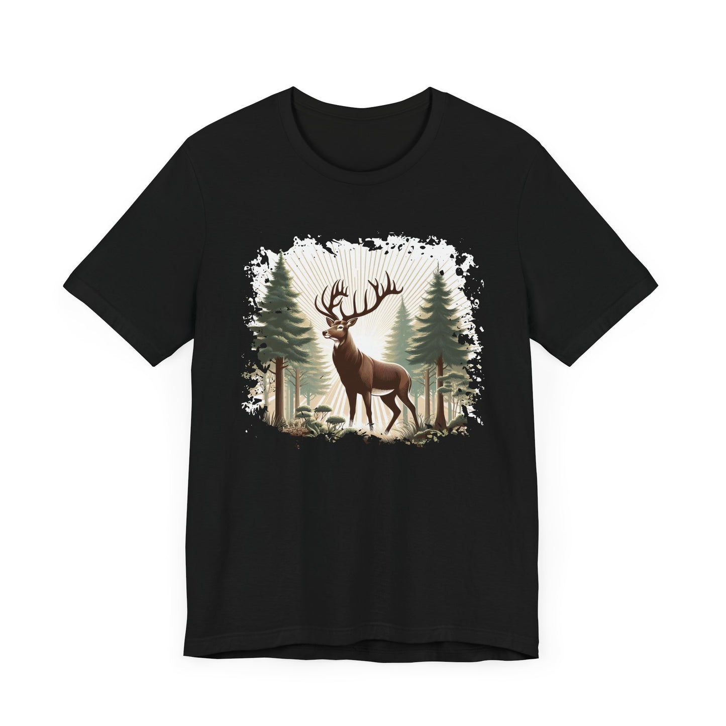 Majestic Deer with Large Antlers | Sunlight Through Foggy Forest Graphic T-Shirt