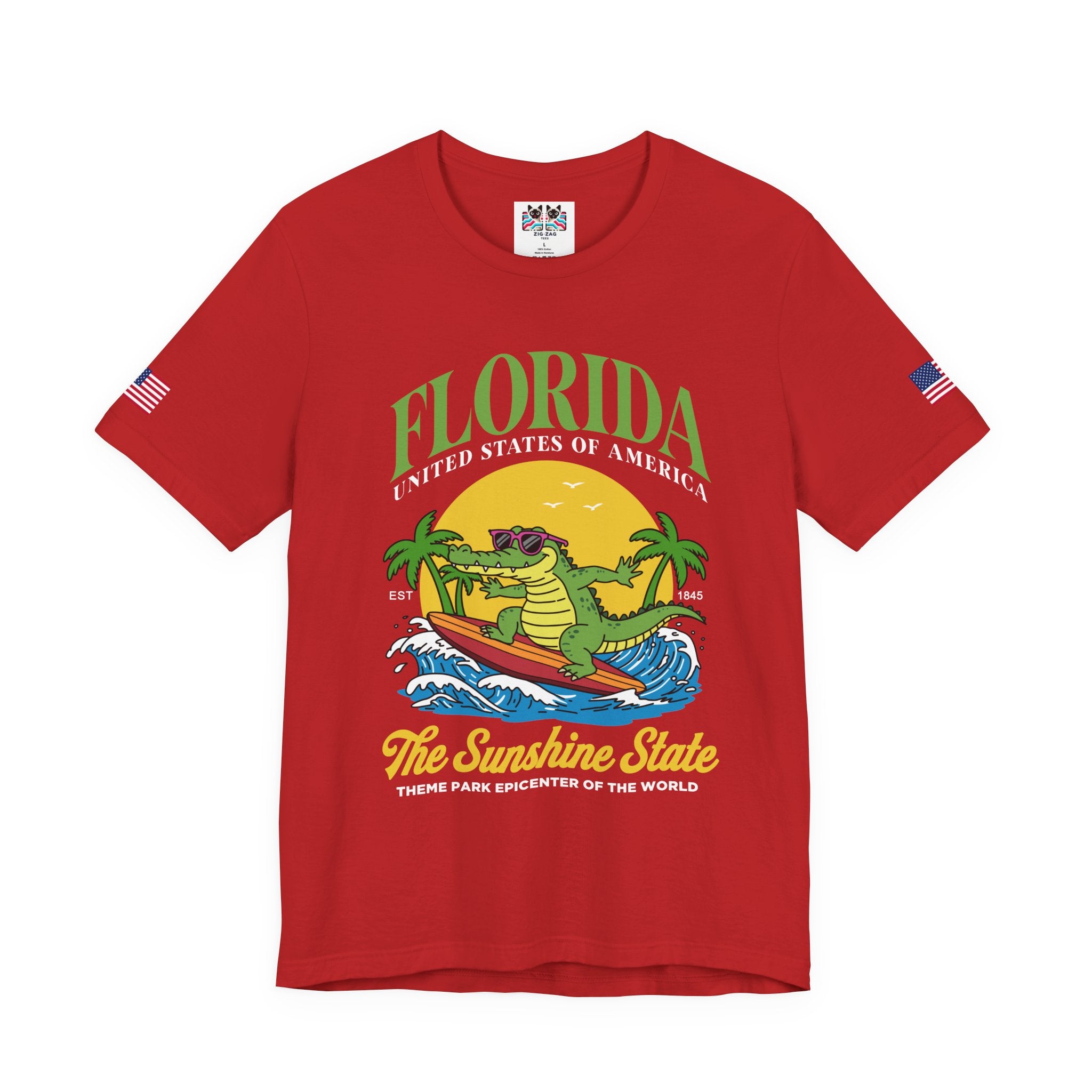Florida Sunshine State T-Shirt – Surfing Alligator EST 1845 Theme Park Epicenter USA Tee