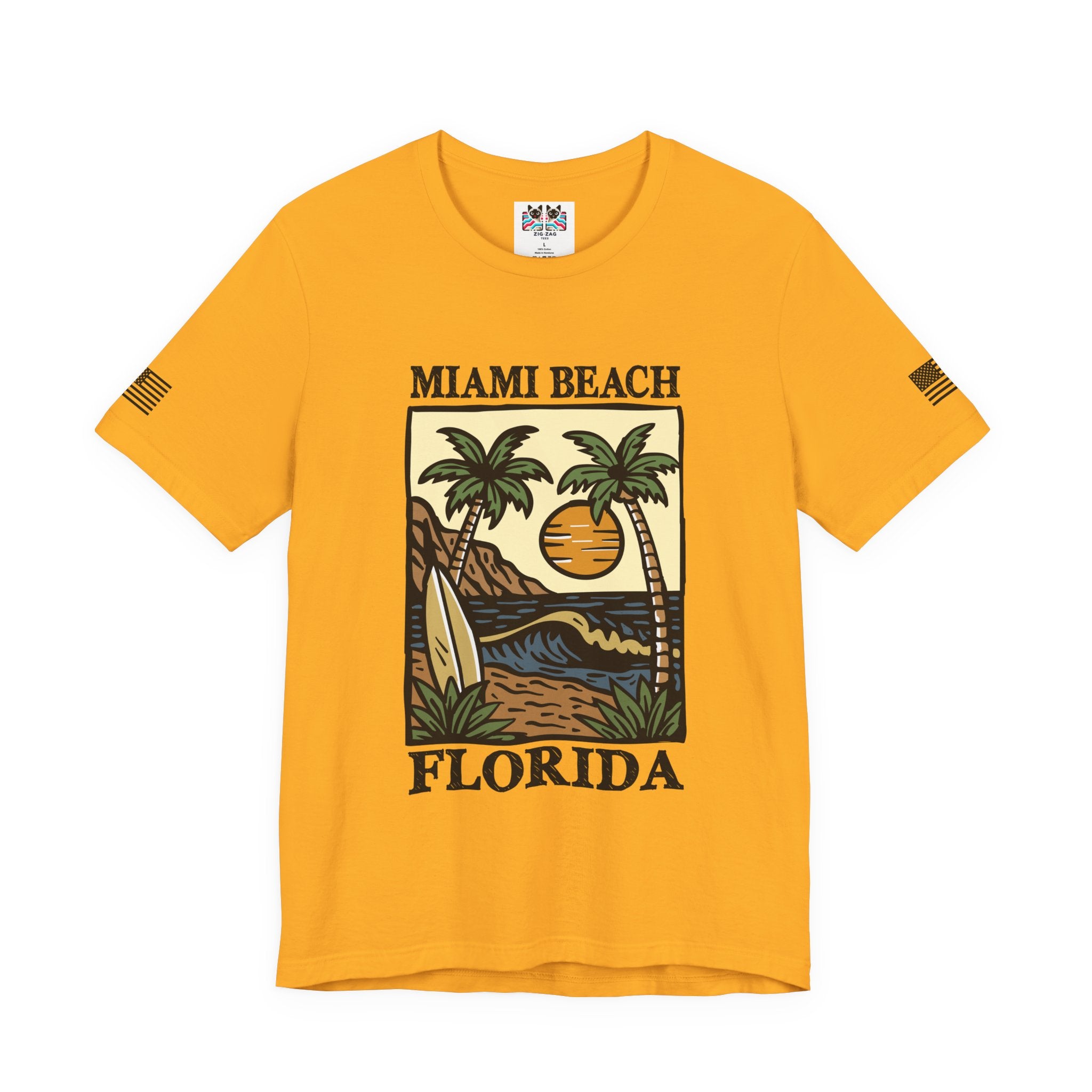 Miami Beach Florida T-Shirt – Illustrated Surfboard Palm Tree Sunset Beach Scene Tee