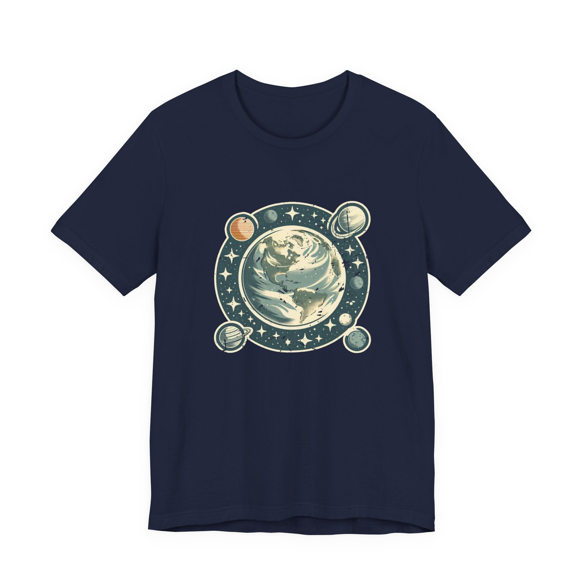 Earth Was Cool Tshirt – Gray Earth with Circular Planets and Stars Design
