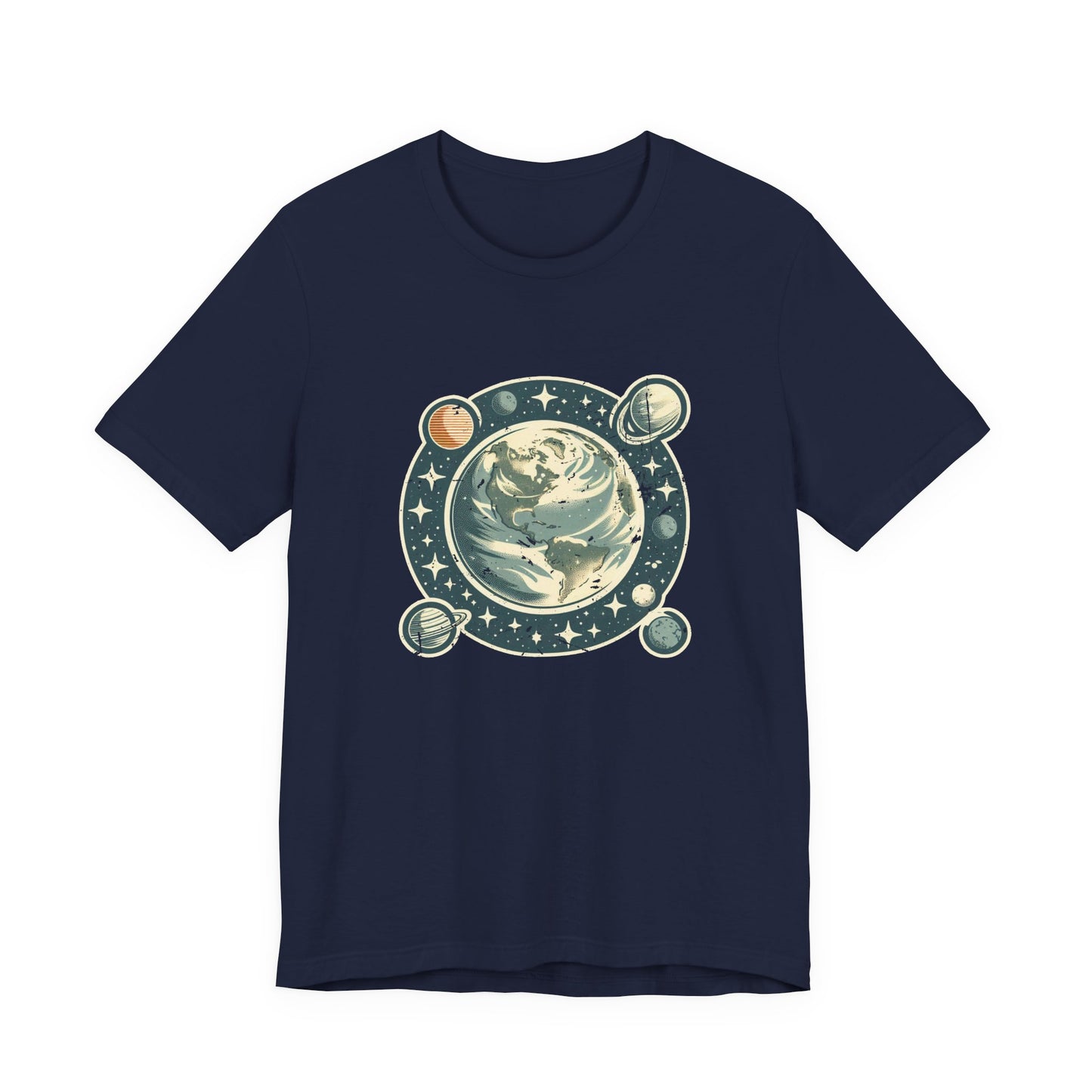 Earth Was Cool Tshirt – Gray Earth with Circular Planets and Stars Design