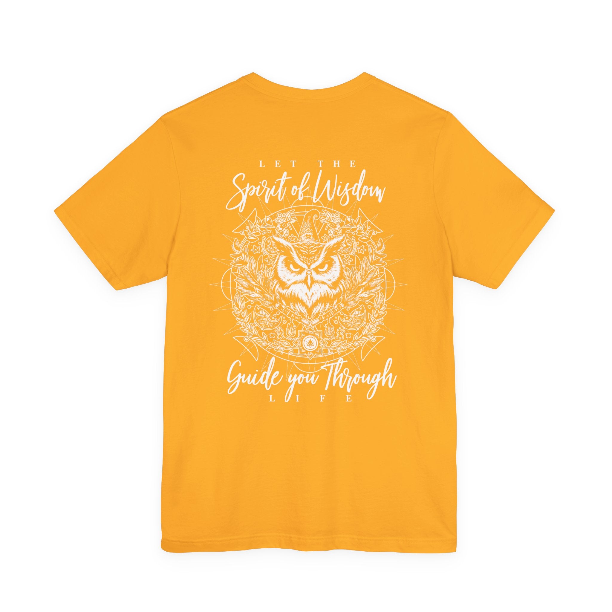 Spirit of Wisdom Owl T-Shirt – Wise Owl with Witch Hat and Medal [White Text]