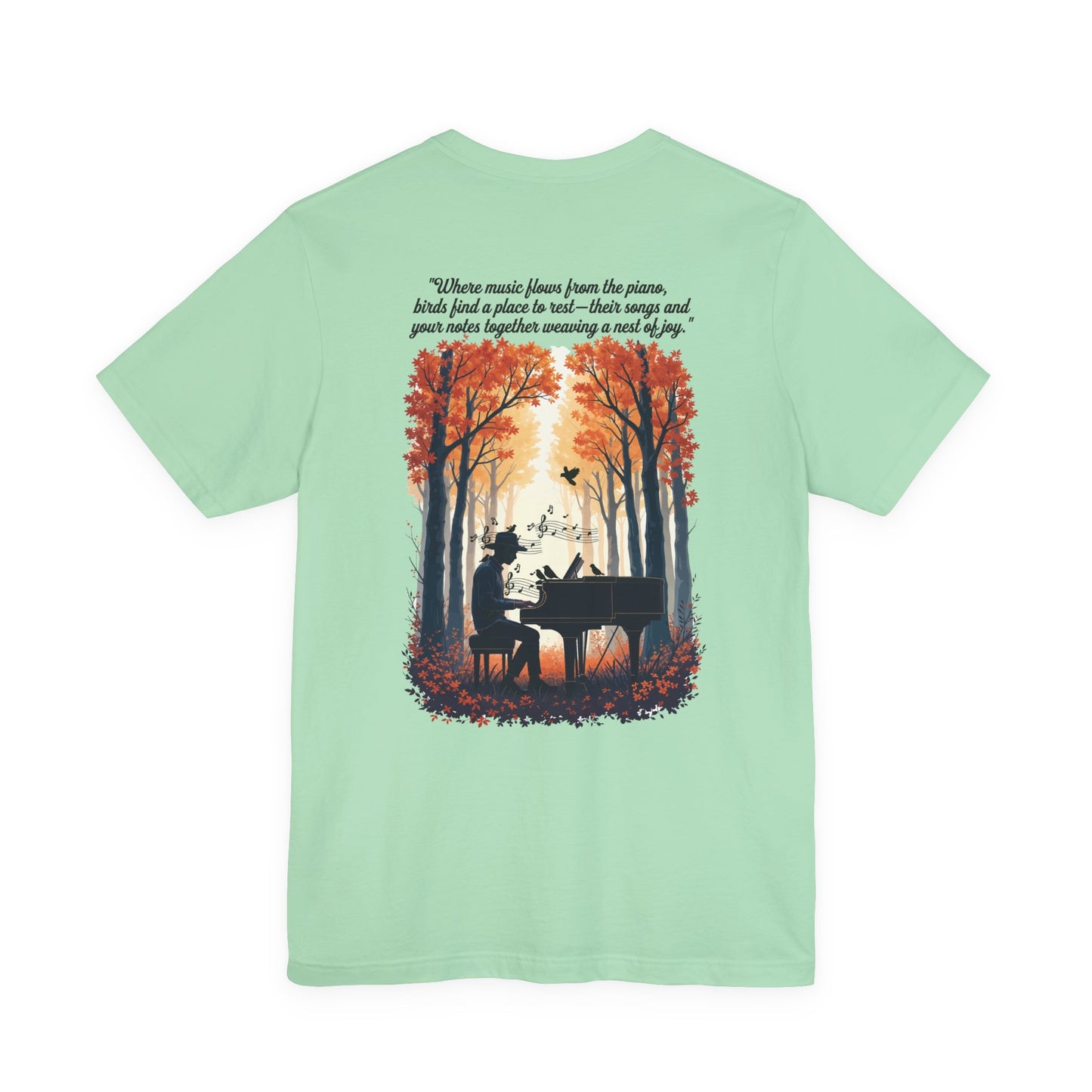 Music & Nature Harmony T-Shirt – Grand Piano in Autumn Forest Scene [Black Text]