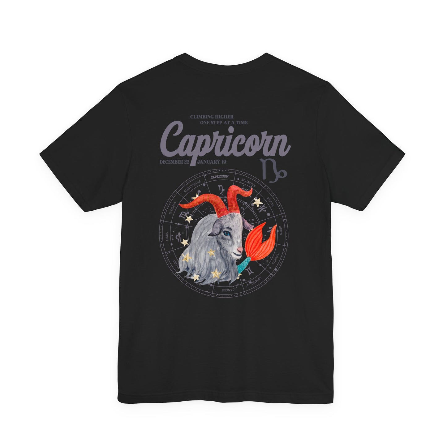 Capricorn Zodiac T-Shirt – Climbing Higher One Step At A Time Astrological wheel