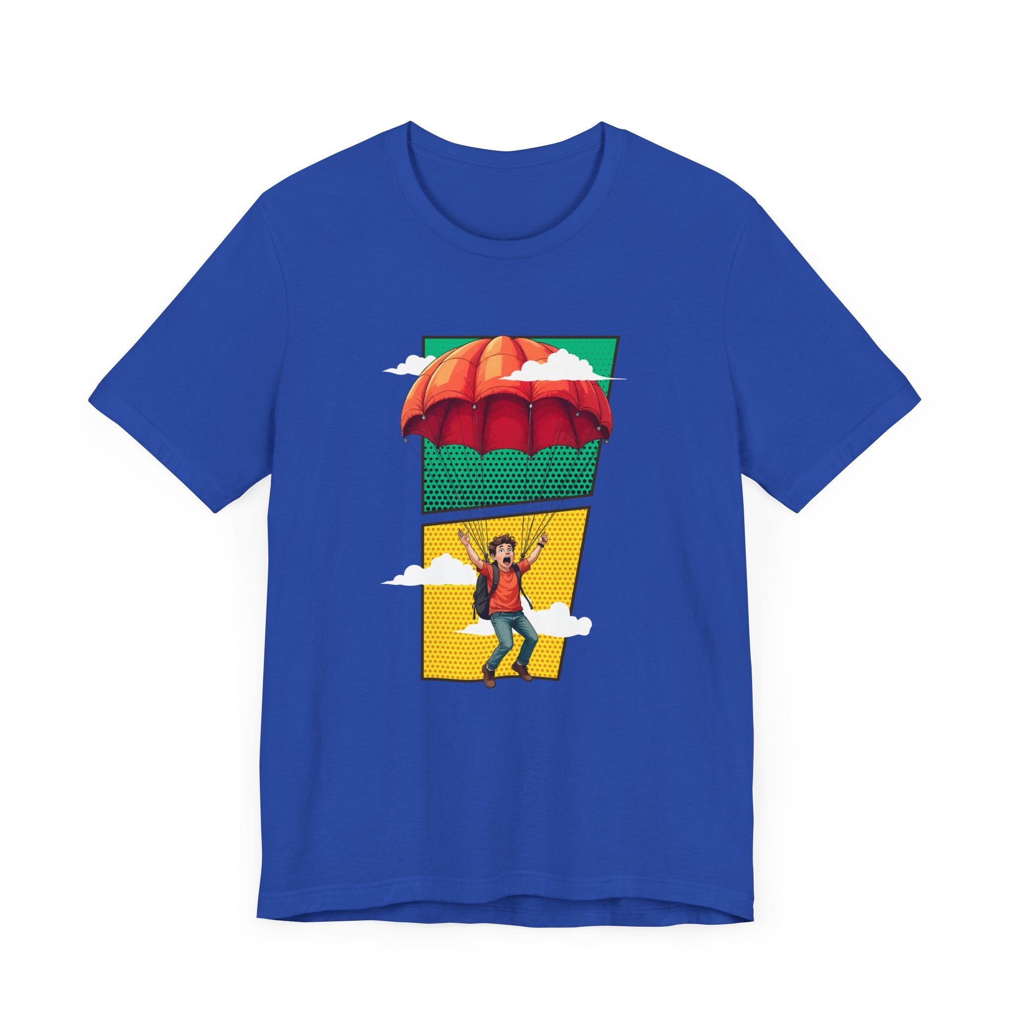 Do it Scared Boy Parachuting Mid-Air with Clouds Background Graphic T-Shirt