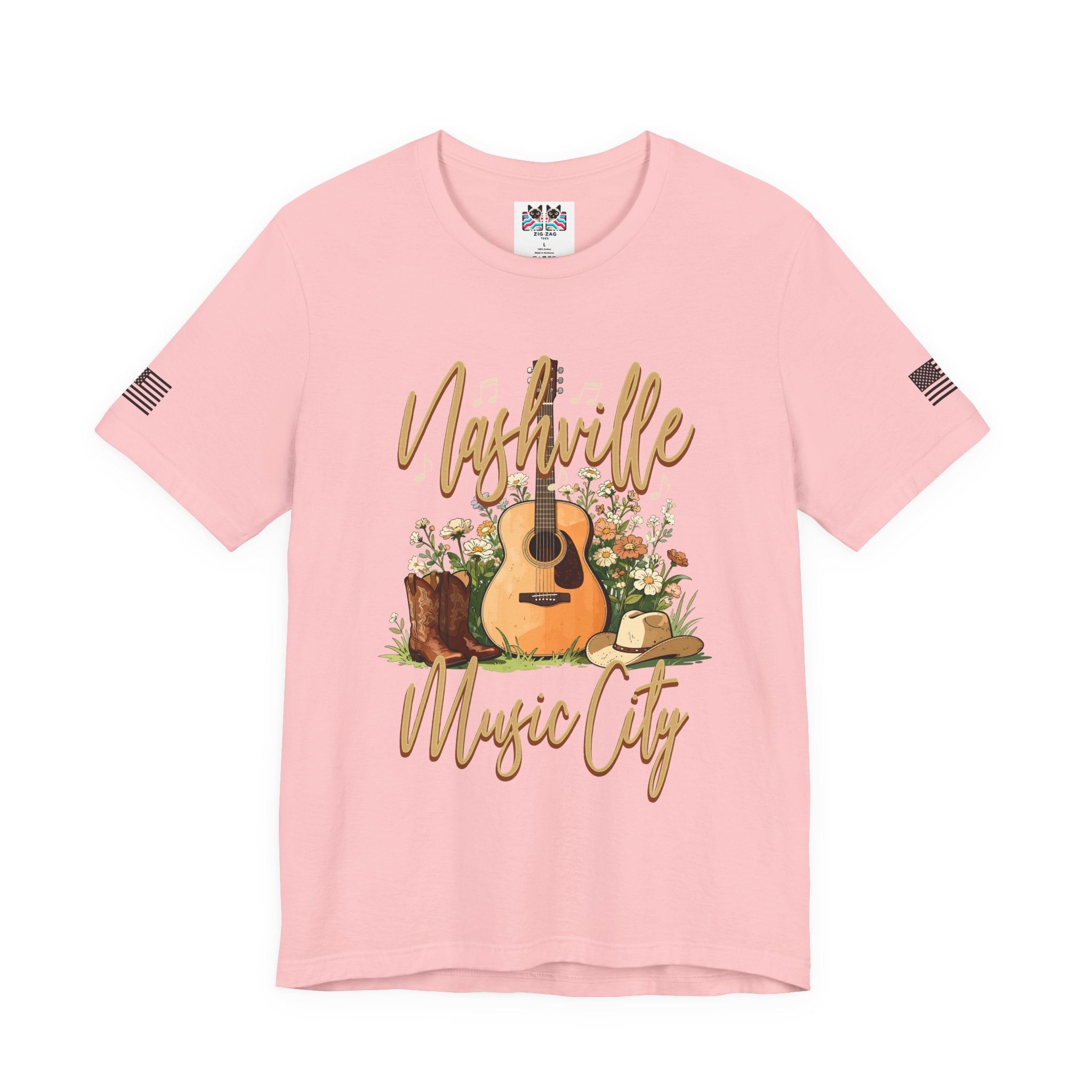 Nashville Music City T-Shirt – Acoustic Guitar Cowboy Hat Boots Floral Script Graphic Tee