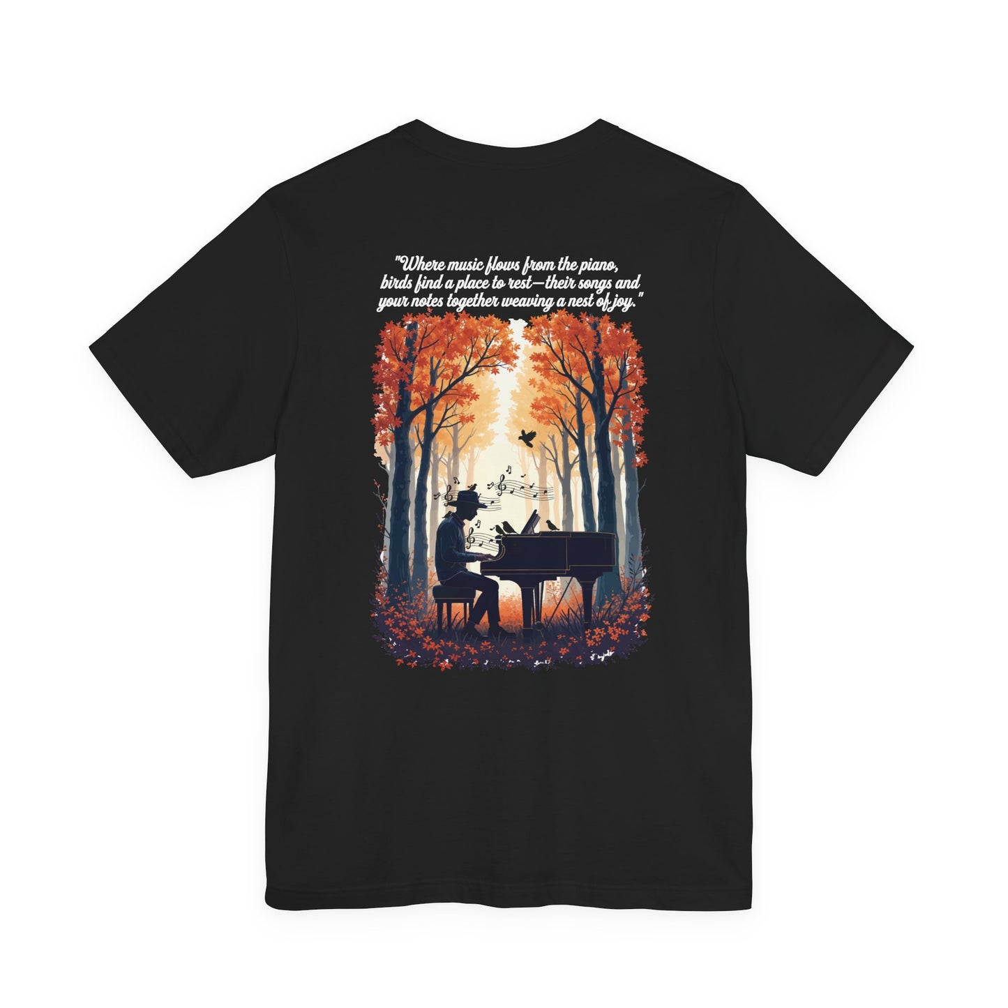 Music & Nature Harmony T-Shirt – Grand Piano in Autumn Forest Scene [White Text]