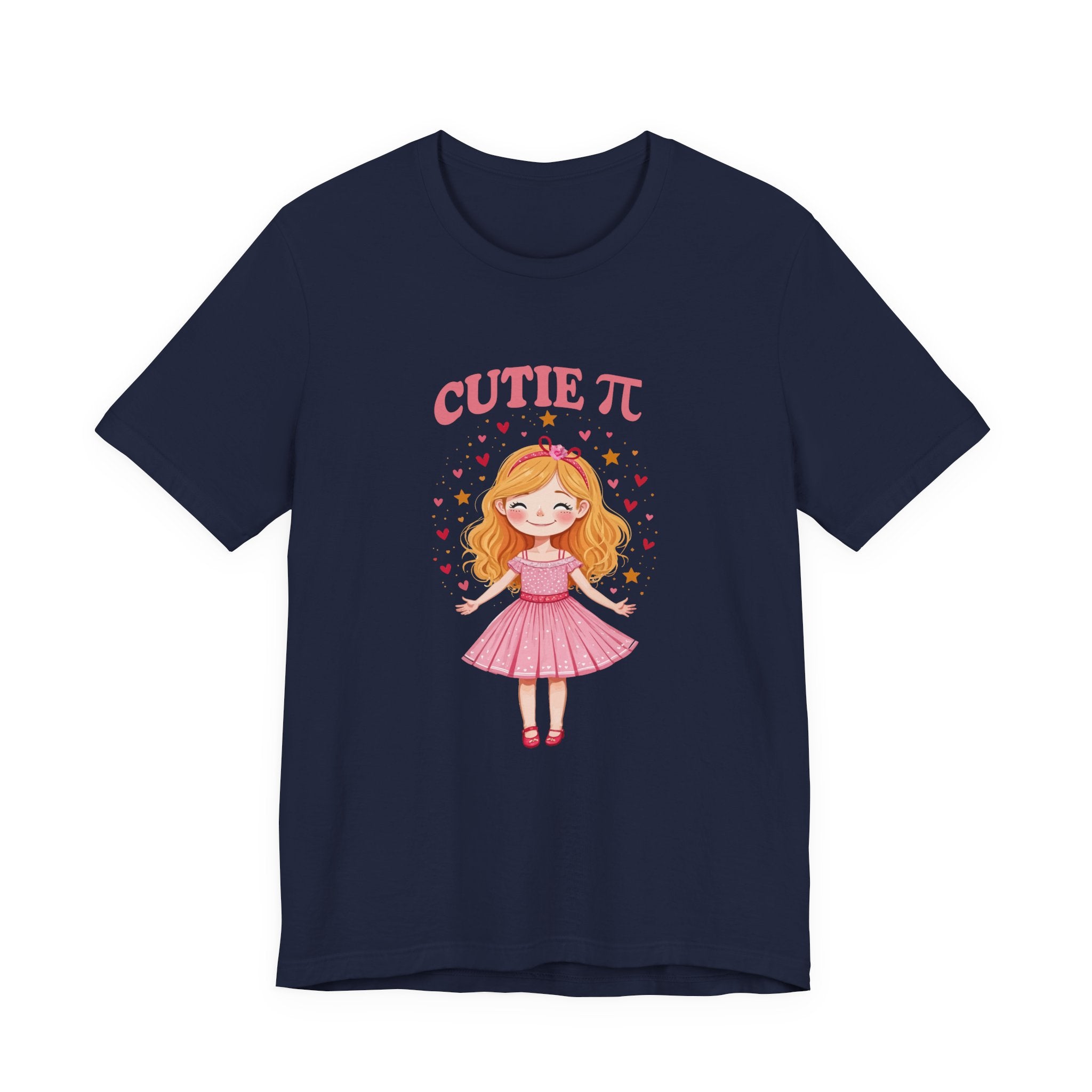 Cutie Pi Tshirt – Happy Girl with Pi Symbol, Hearts, and Stars Graphic
